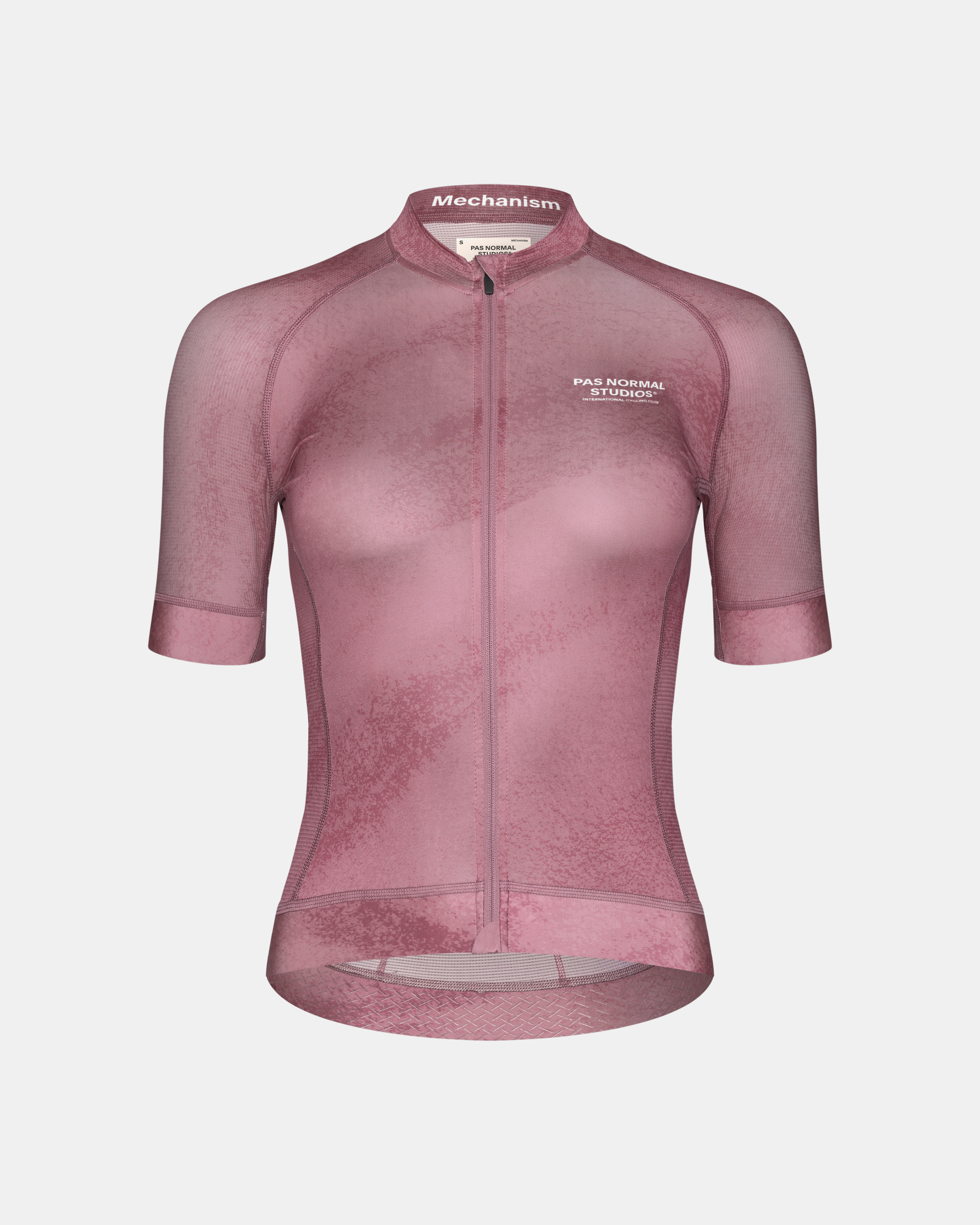 Purple Mechanism cycling jersey, front view with textured pattern and full zip
