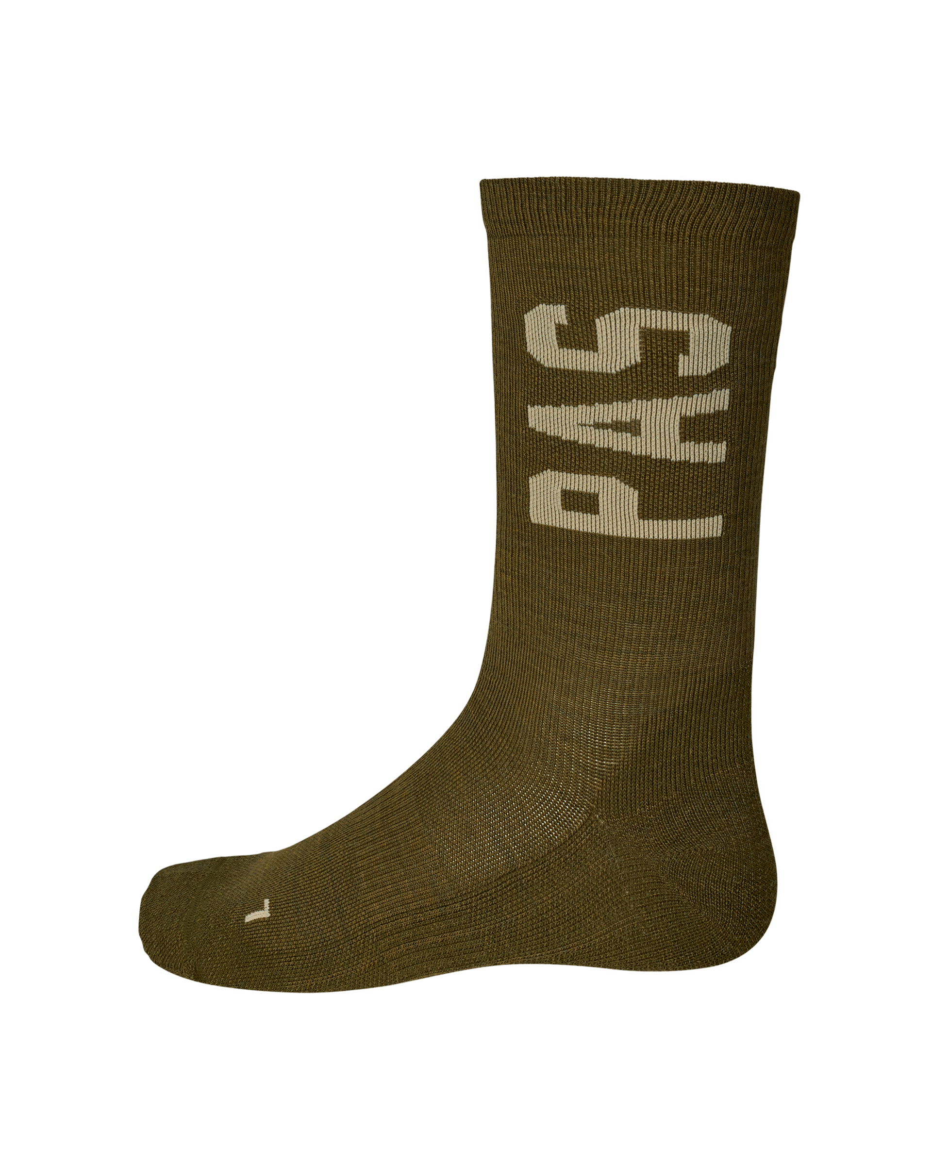 Moss Brown PAS Thermal Wool cycling sock, side view with large cream PAS logo on cuff