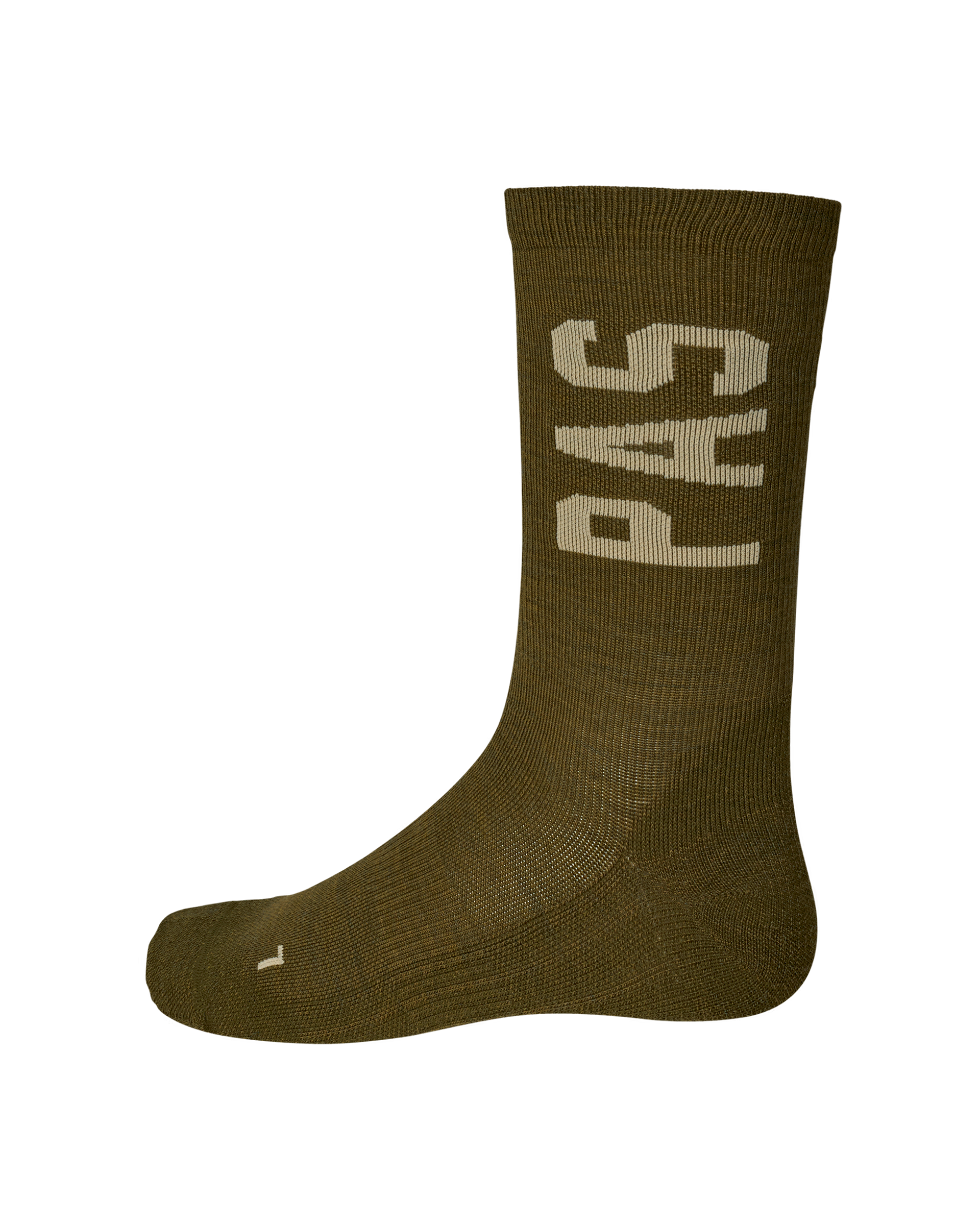 Moss Brown PAS Thermal Wool cycling sock, side view with large cream PAS logo on cuff