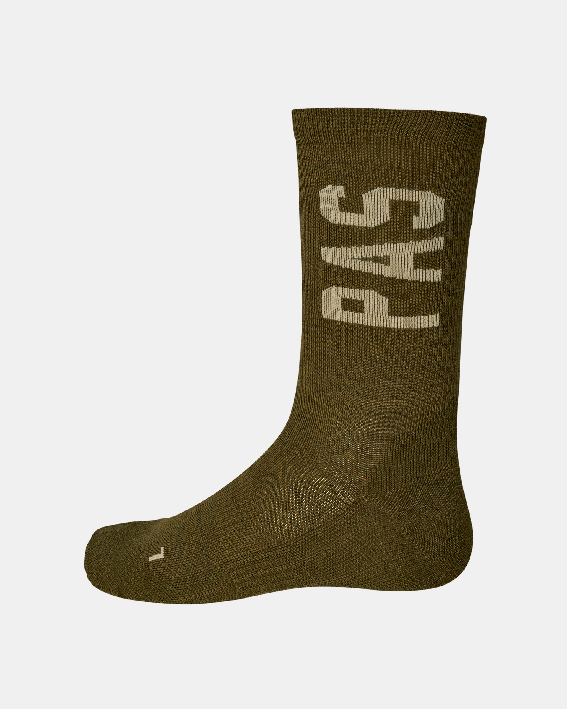 Moss Brown PAS Thermal Wool cycling sock, side view with large cream PAS logo on cuff