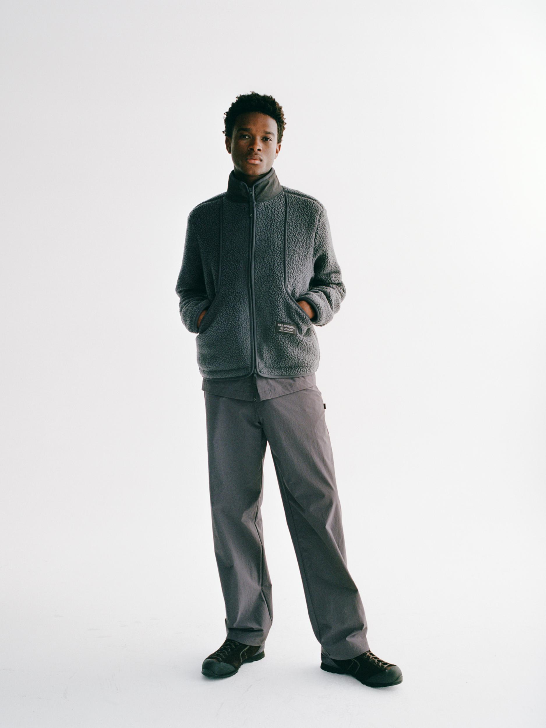 Grey Off-Race Pile Fleece jacket on model, front view with textured fleece and chest pocket