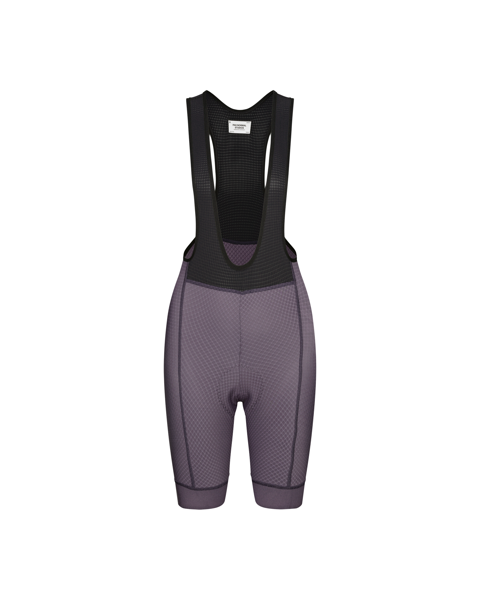 Iron Grey Essential cycling bibs, front flat lay with black mesh shoulder straps
