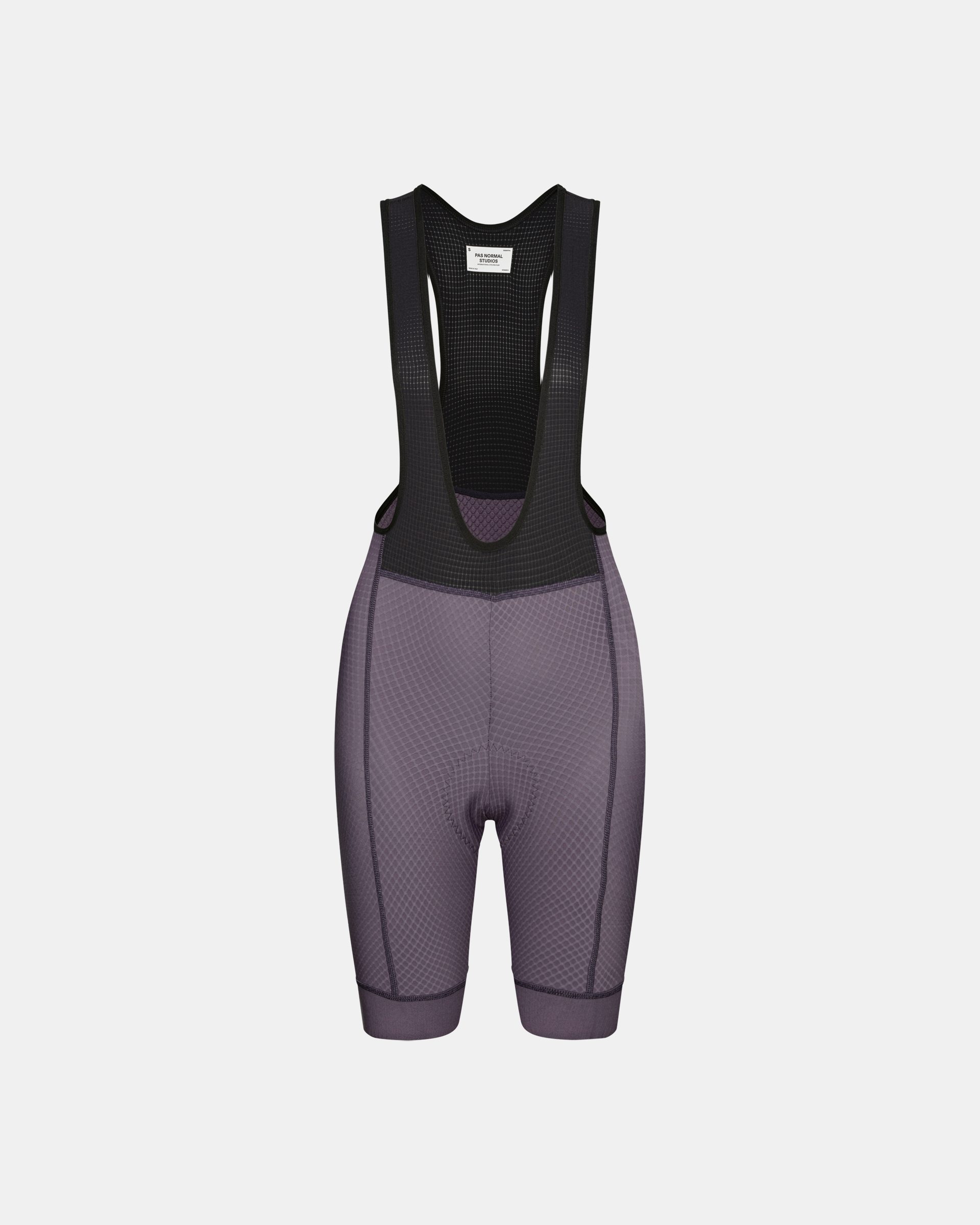 Iron Grey Essential cycling bibs, front flat lay with black mesh shoulder straps