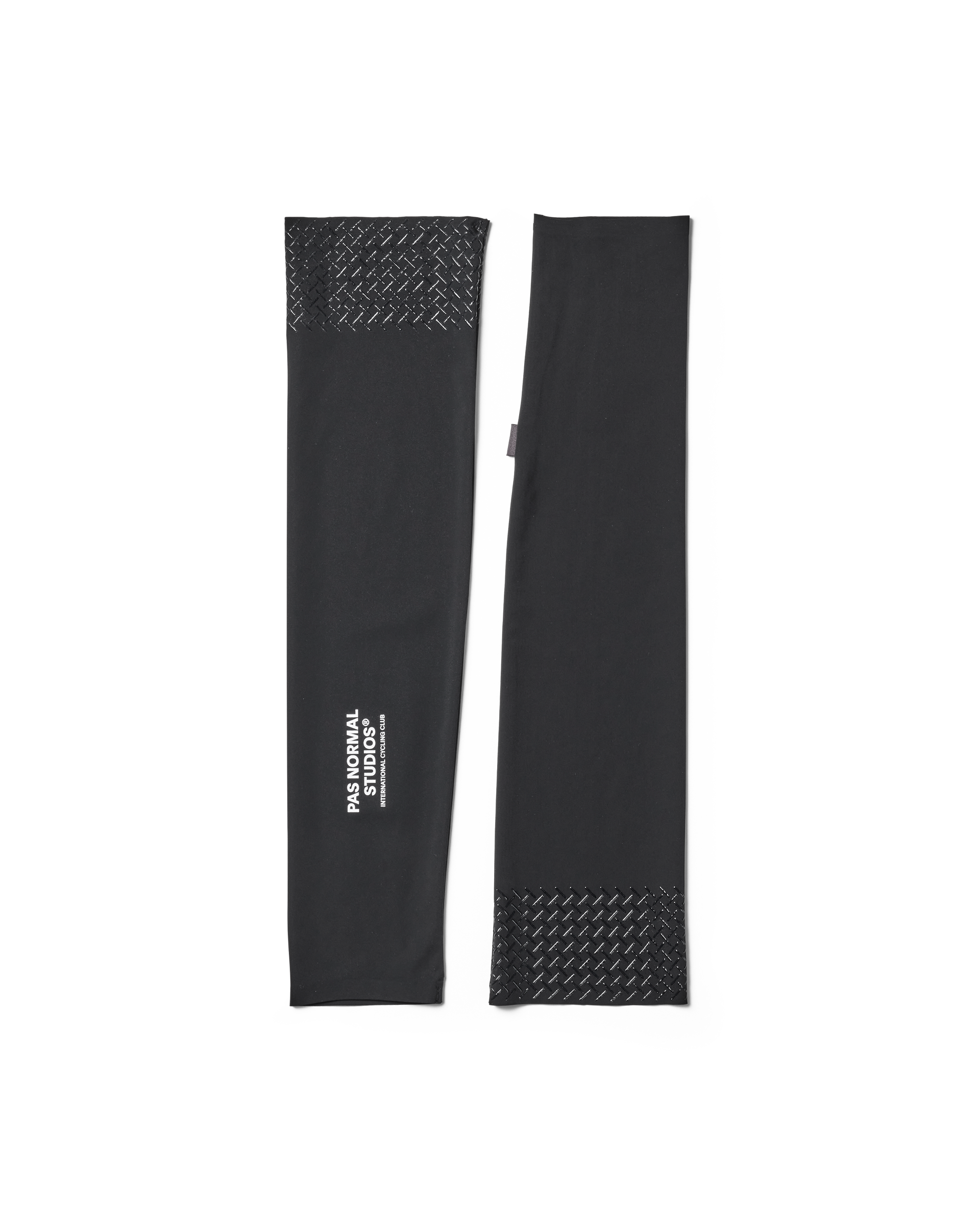 Black Logo Arm UV Protector arm warmers pair flat lay with textured grip panels