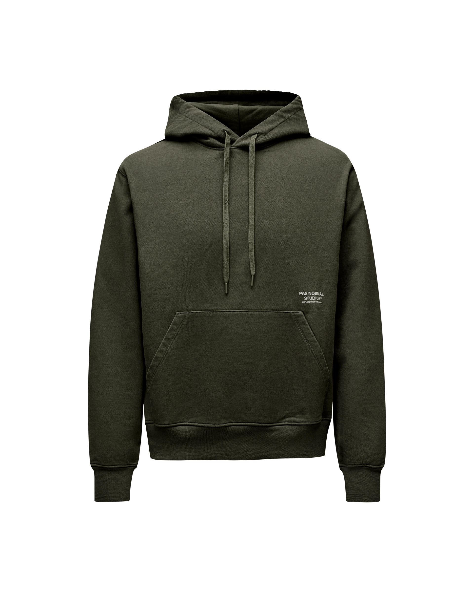 Dark Olive Off-Race hoodie, front flat lay with kangaroo pocket and small chest logo print