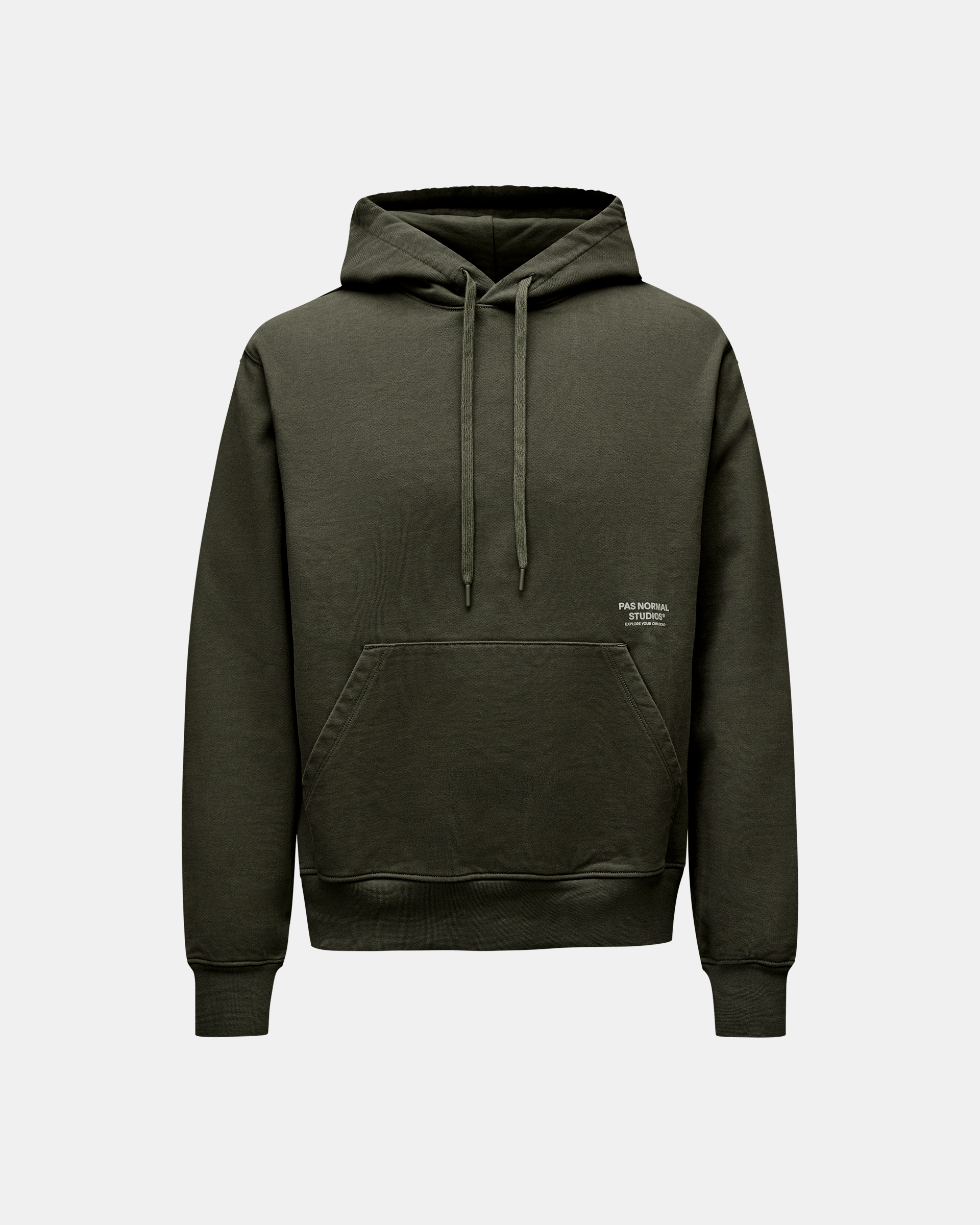 Dark Olive Off-Race hoodie, front flat lay with kangaroo pocket and small chest logo print