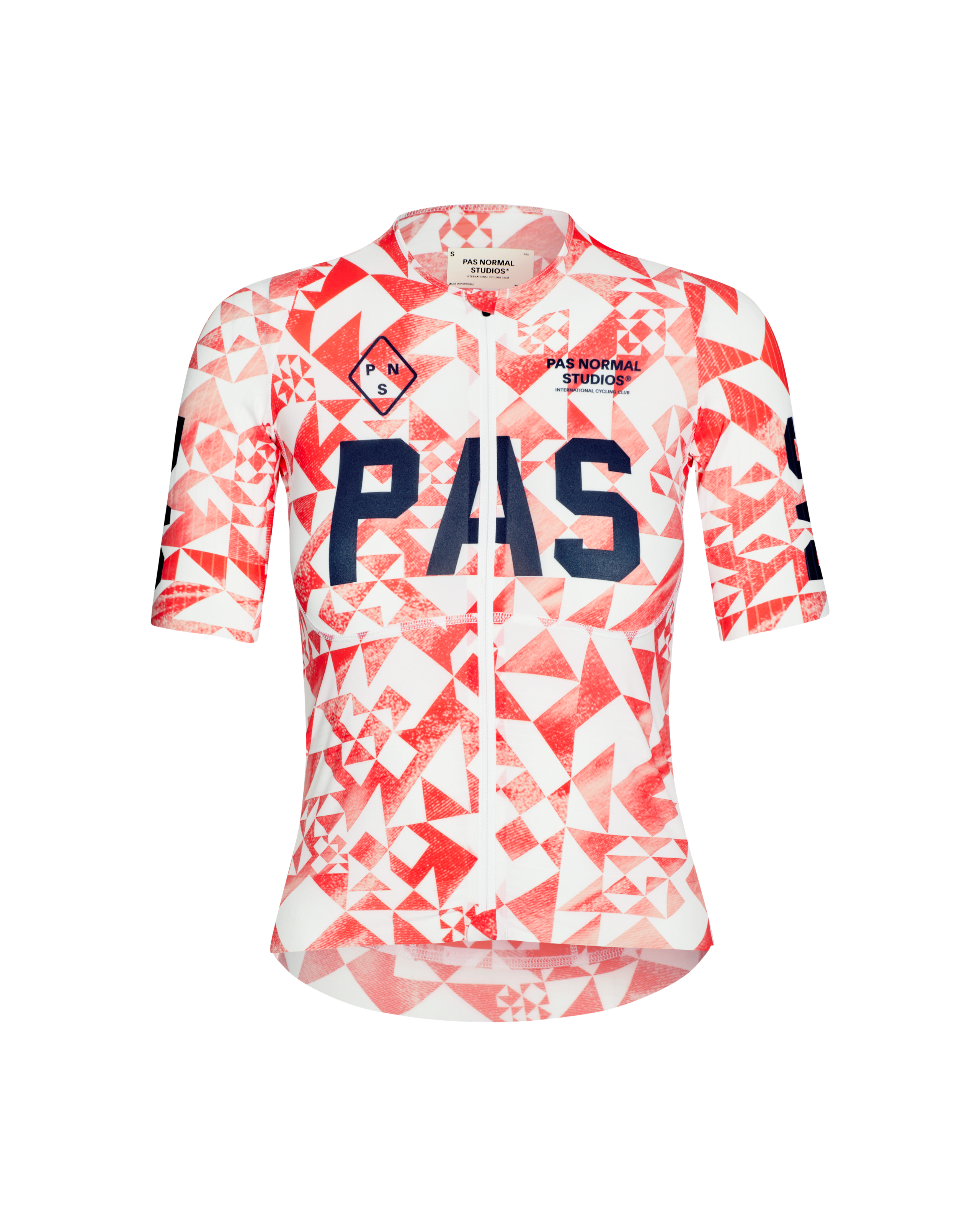 Red PAS Mechanism Pro cycling jersey, front view with geometric origami print