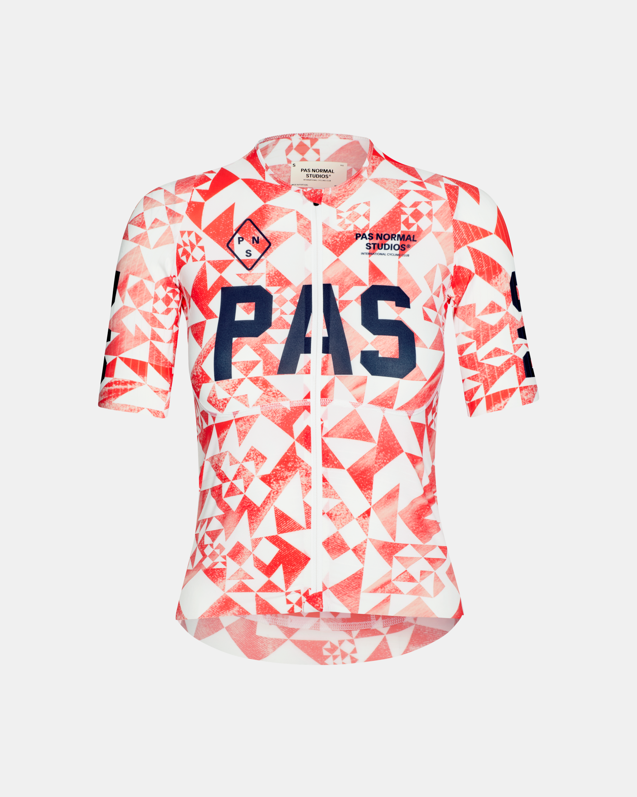 Red PAS Mechanism Pro cycling jersey, front view with geometric origami print