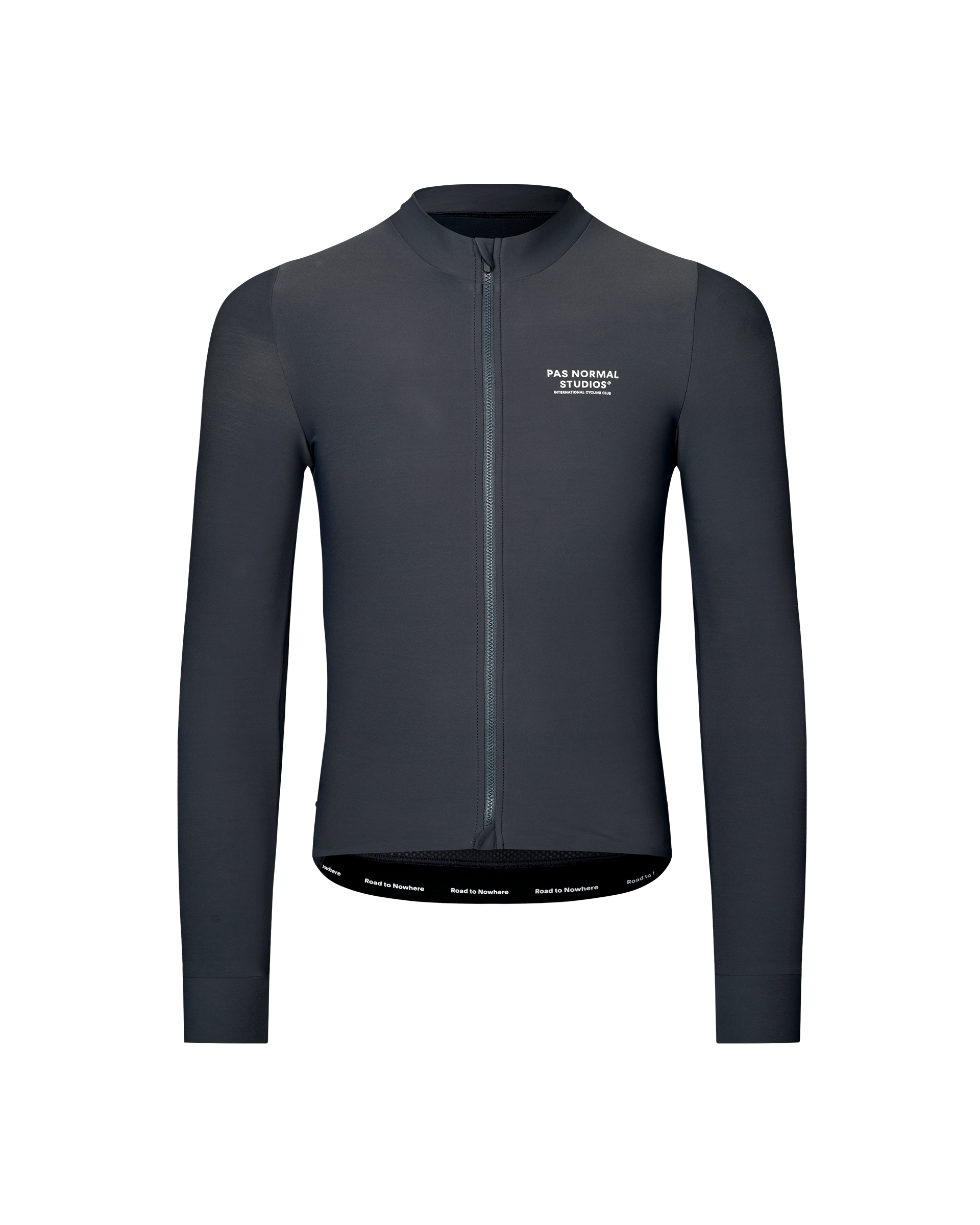 Dark Navy Mechanism long sleeve cycling jersey, front flat lay with white chest logo and printed hem band