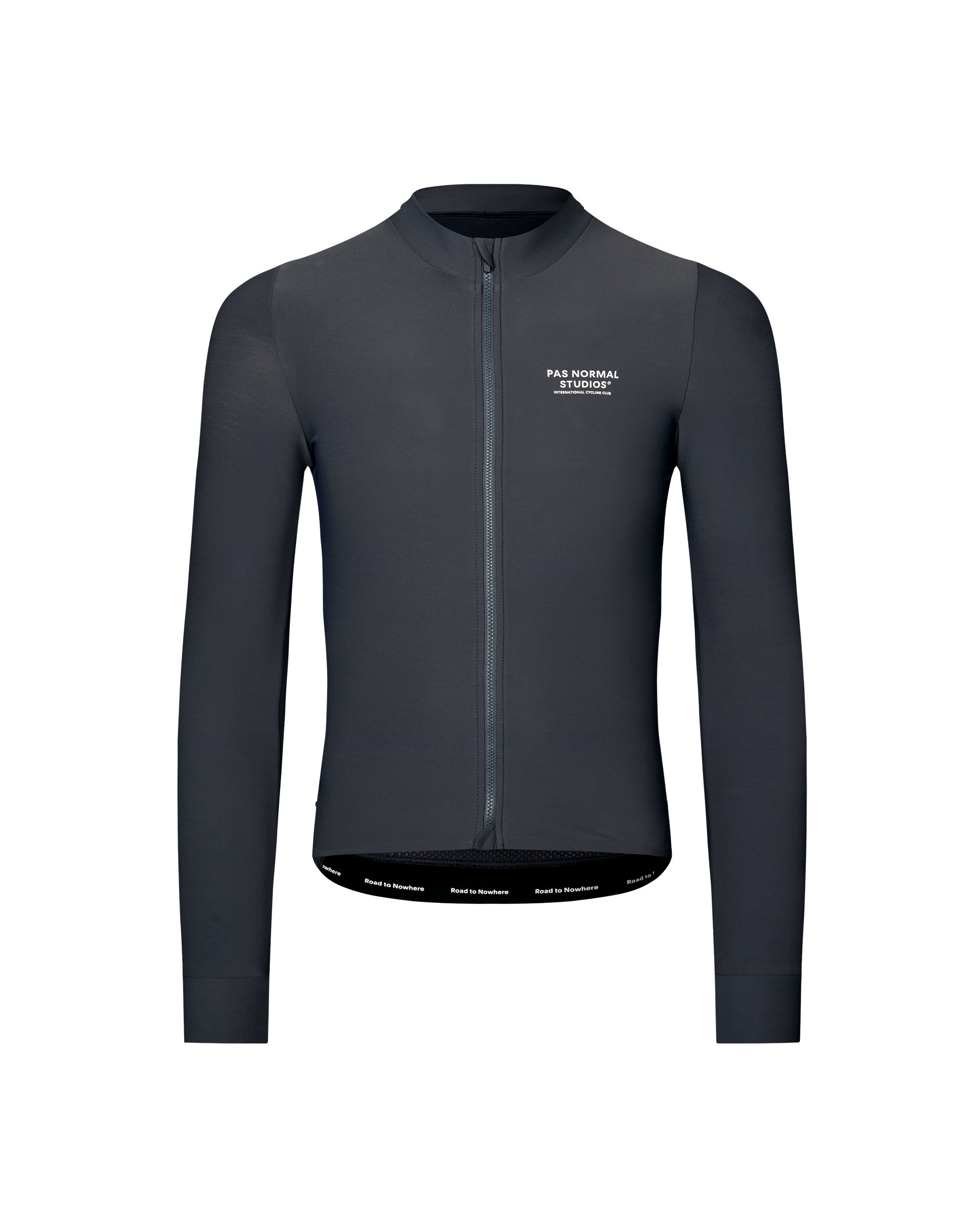 Dark Navy Mechanism long sleeve cycling jersey, front flat lay with white chest logo and printed hem band