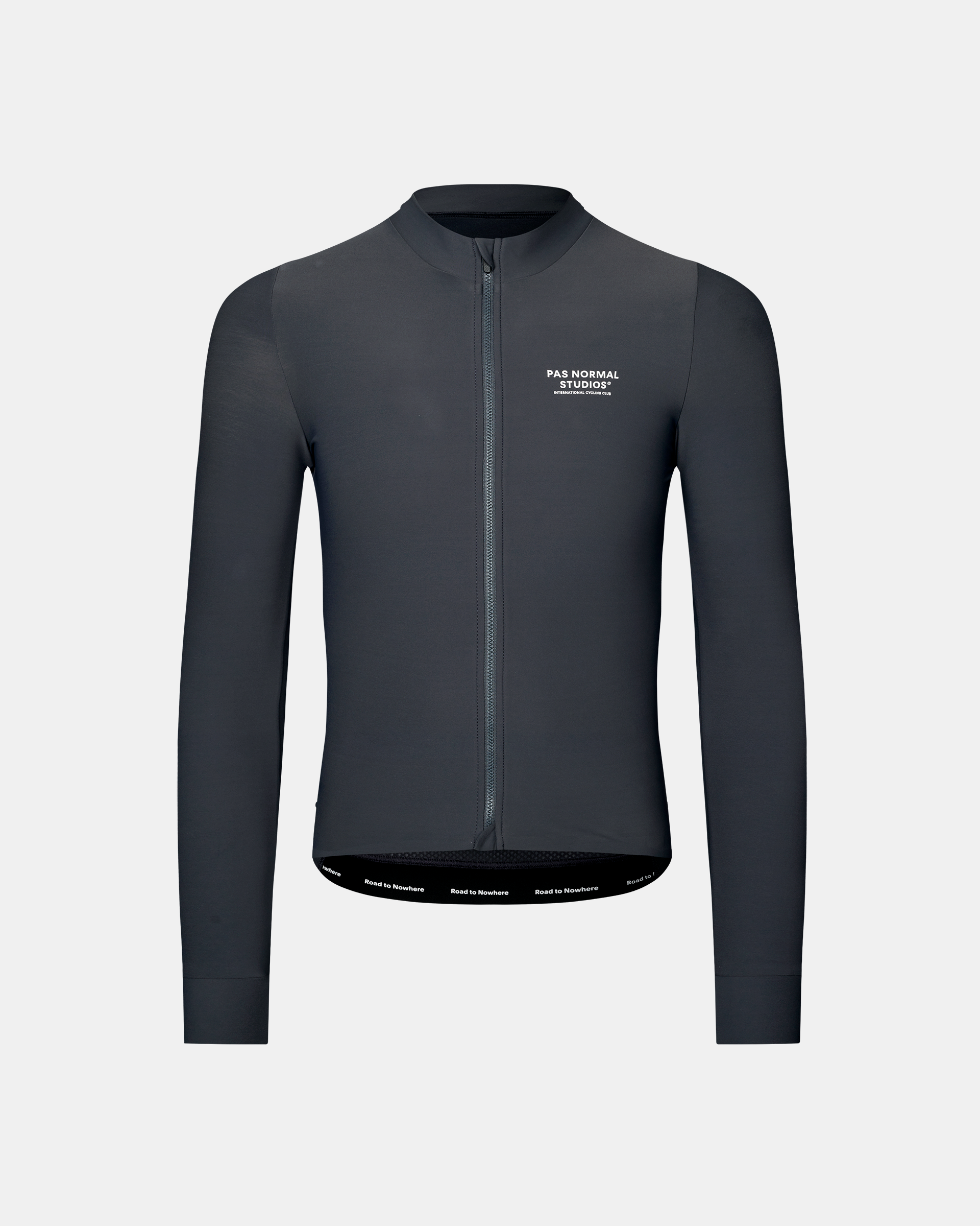 Dark Navy Mechanism long sleeve cycling jersey, front flat lay with white chest logo and printed hem band