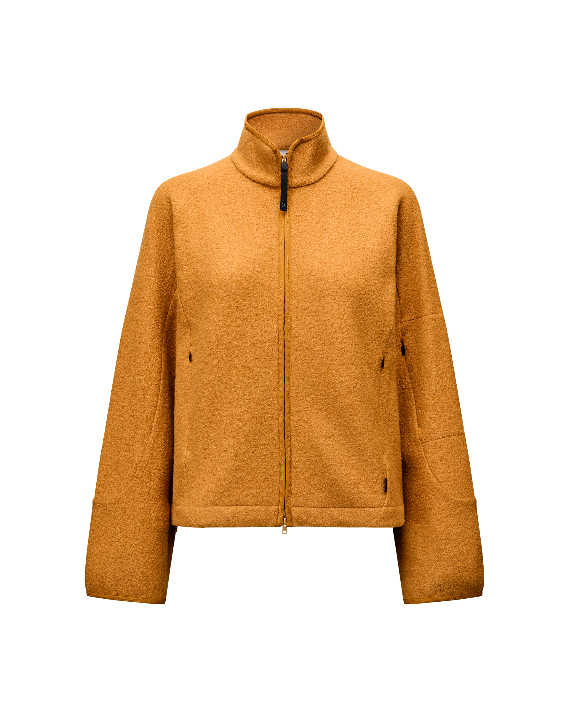Ochre Off-Race Boiled Wool jacket, front flat lay with full zip and mock neck collar