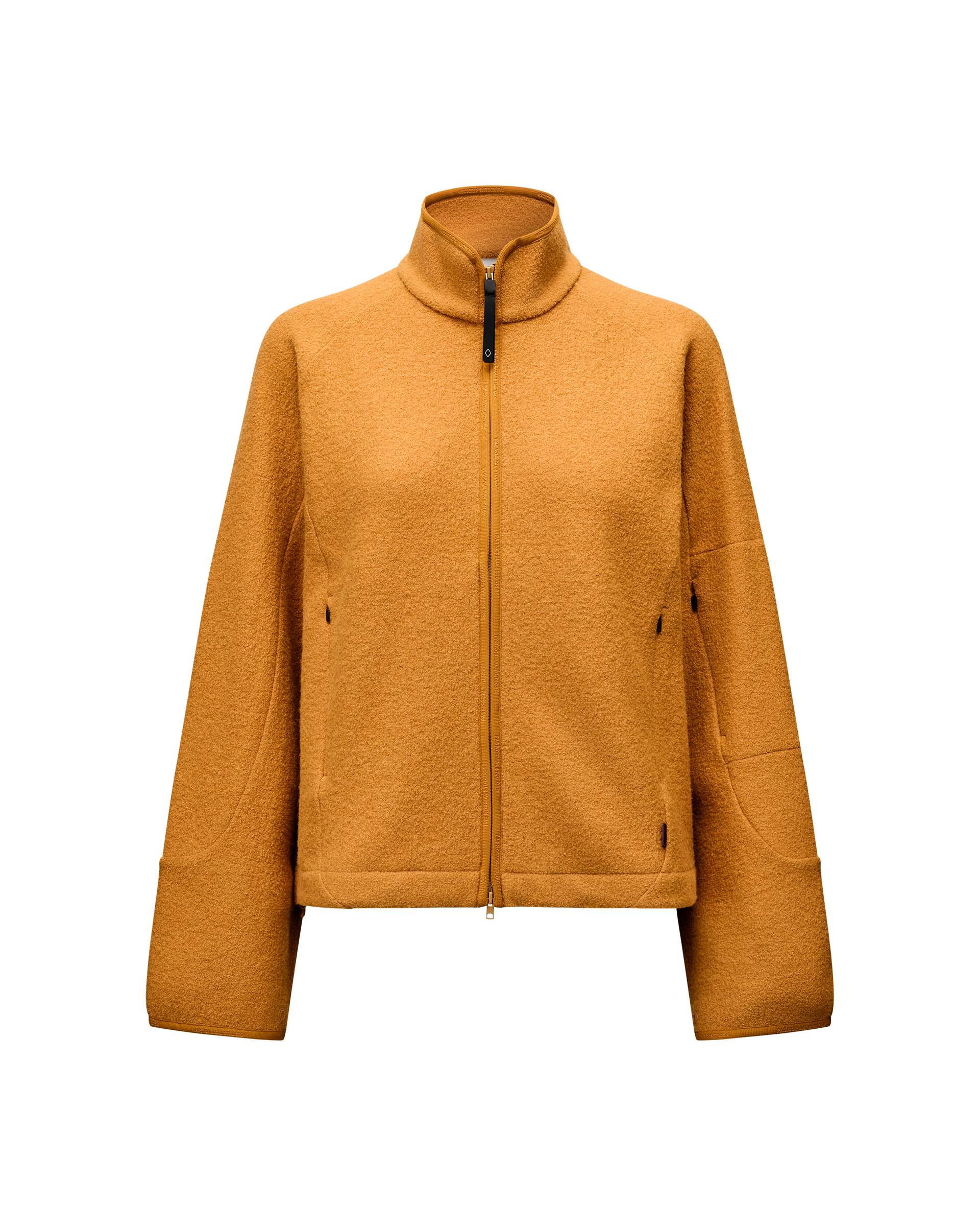 Ochre Off-Race Boiled Wool jacket, front flat lay with full zip and mock neck collar