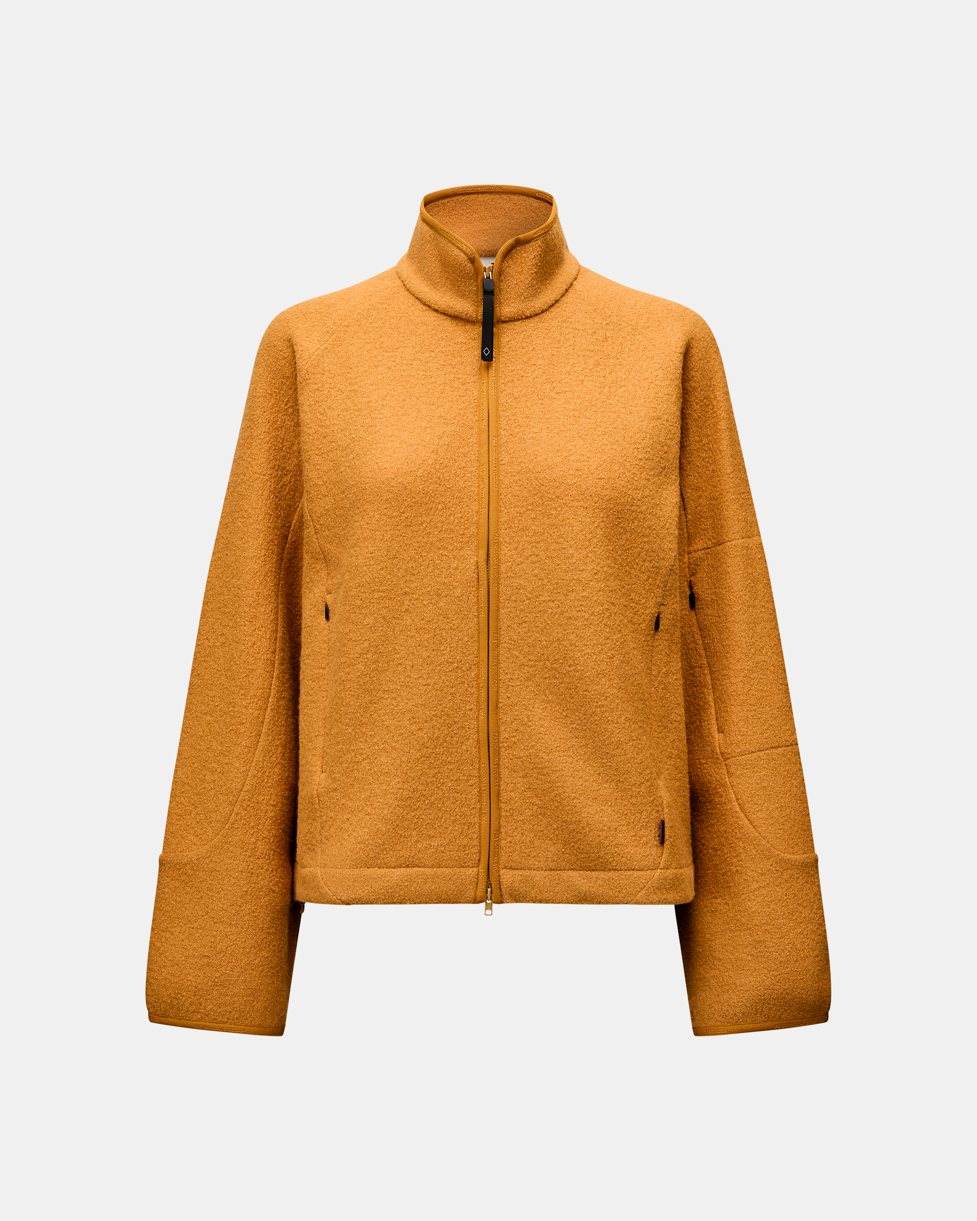 Ochre Off-Race Boiled Wool jacket, front flat lay with full zip and mock neck collar