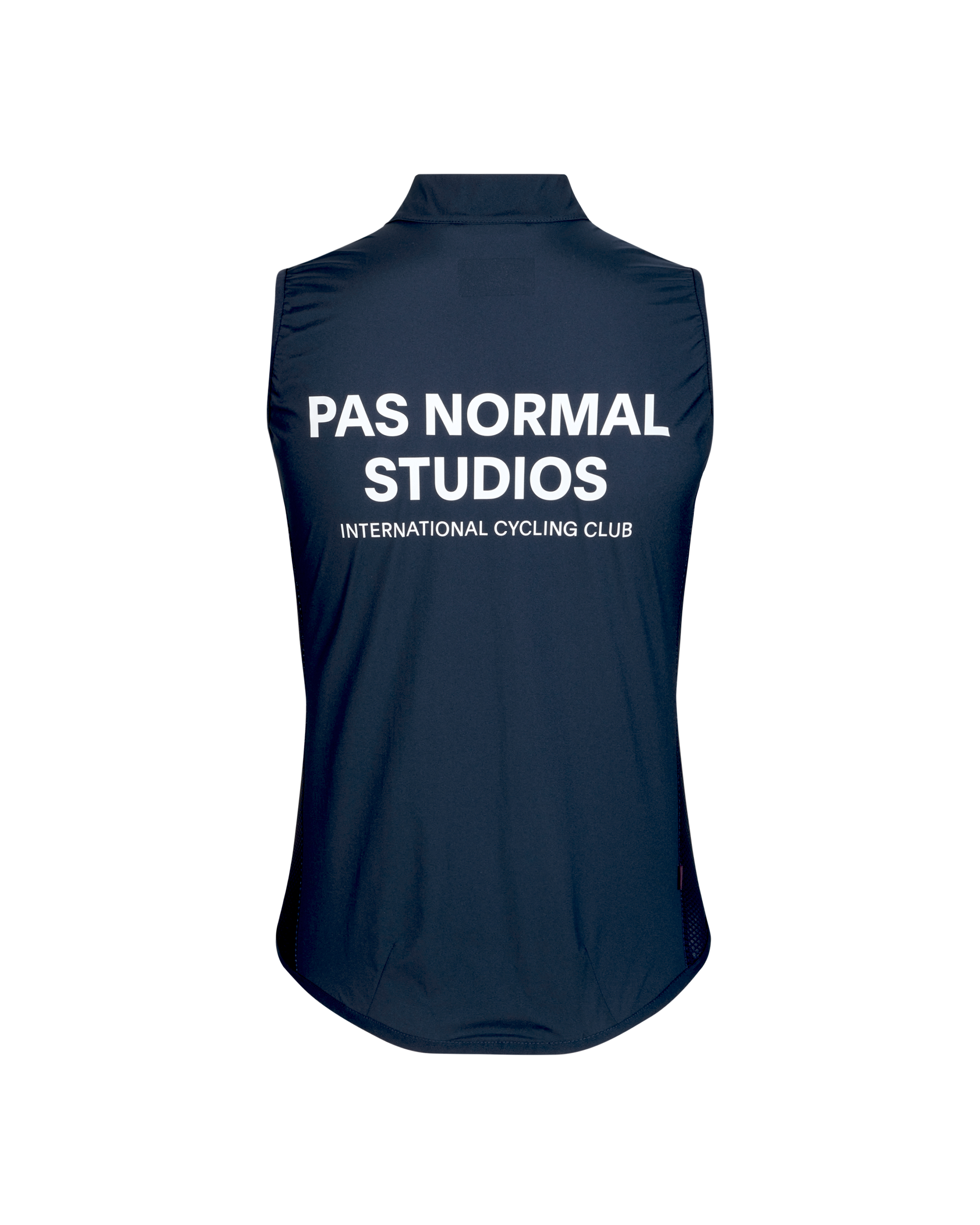 Navy Mechanism Stow Away gilet, rear view with white brand lettering
