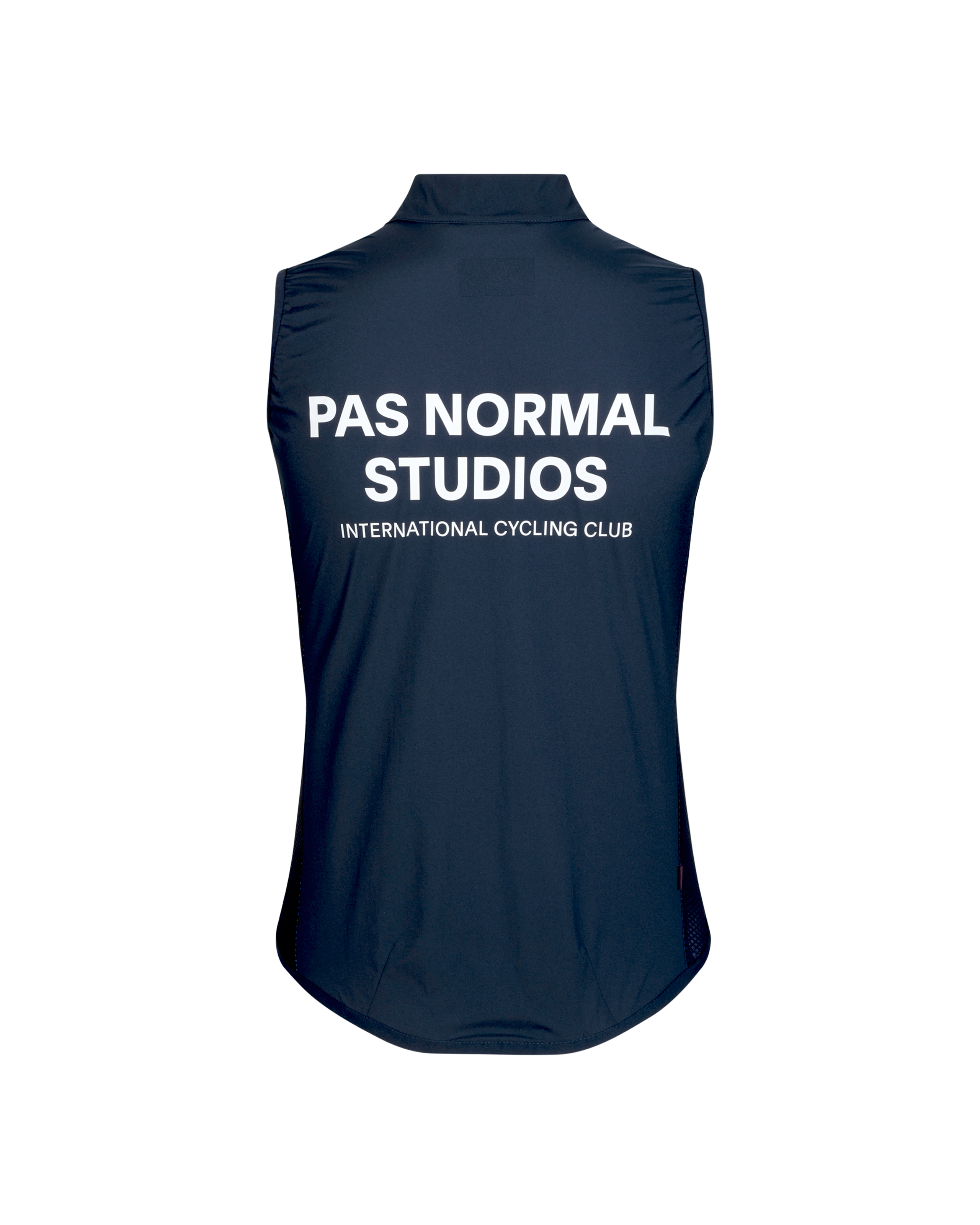 Navy Mechanism Stow Away gilet, rear view with white brand lettering