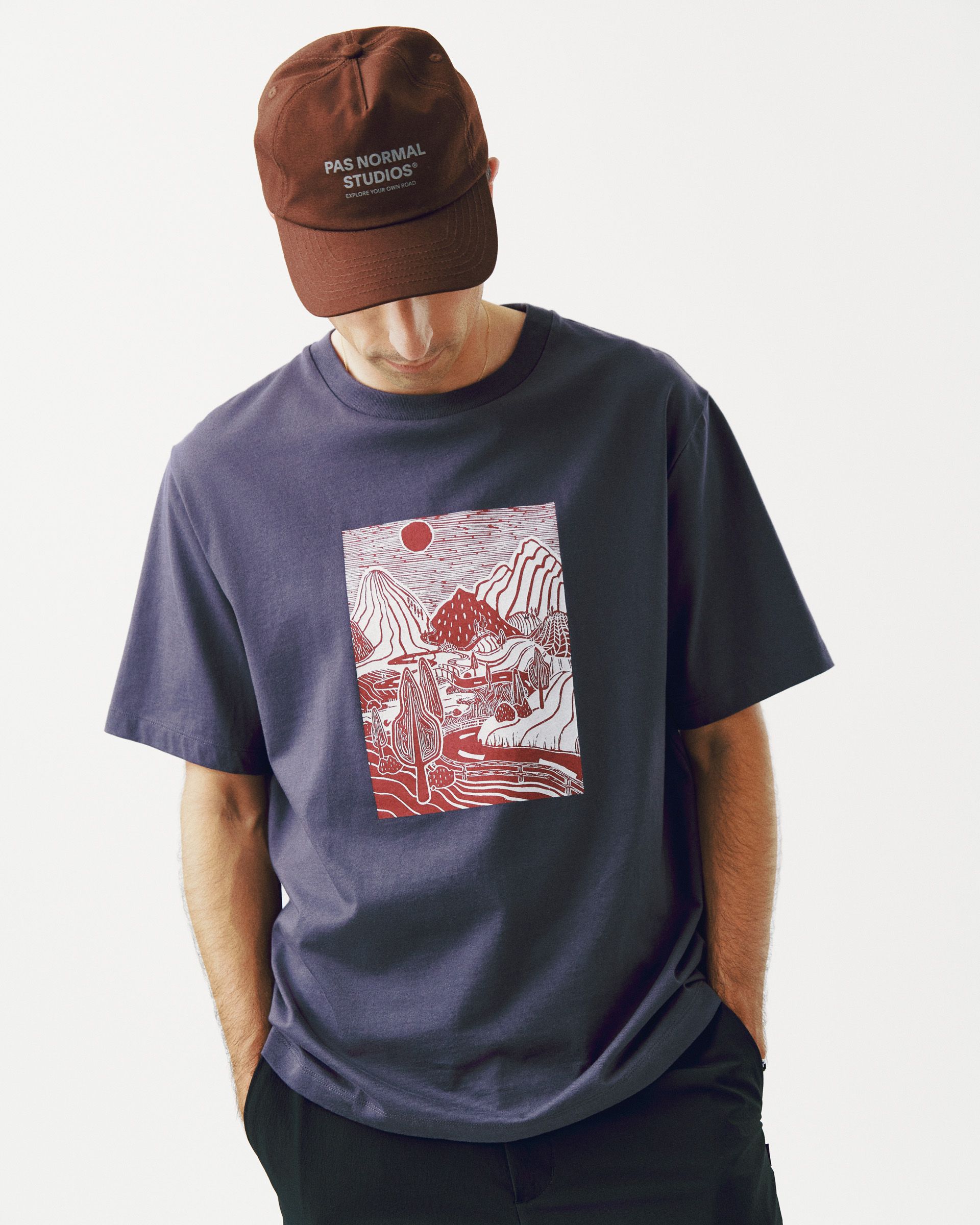 Grey Off-Race Graphic t-shirt on model with red landscape chest print