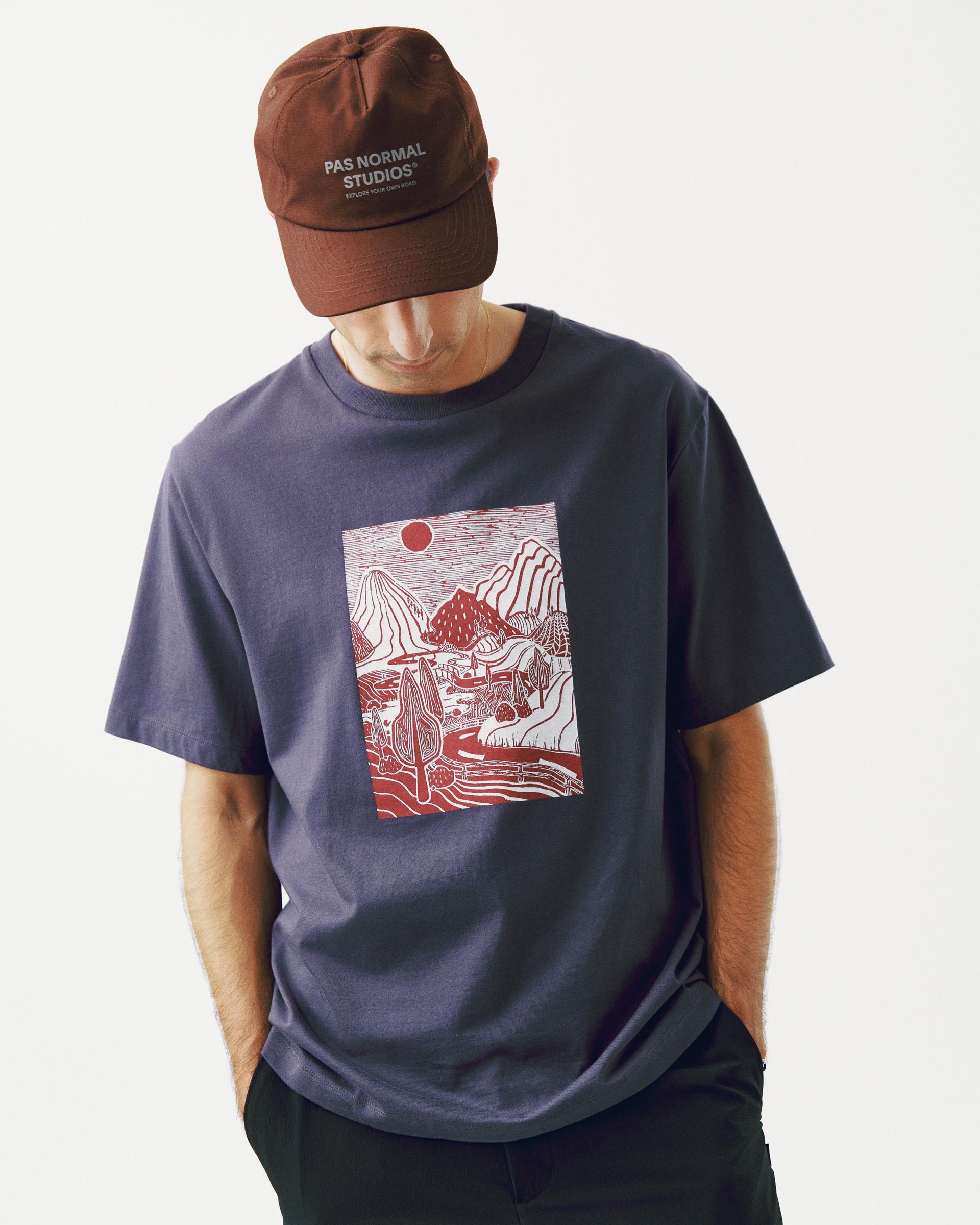 Grey Off-Race Graphic t-shirt on model with red landscape chest print