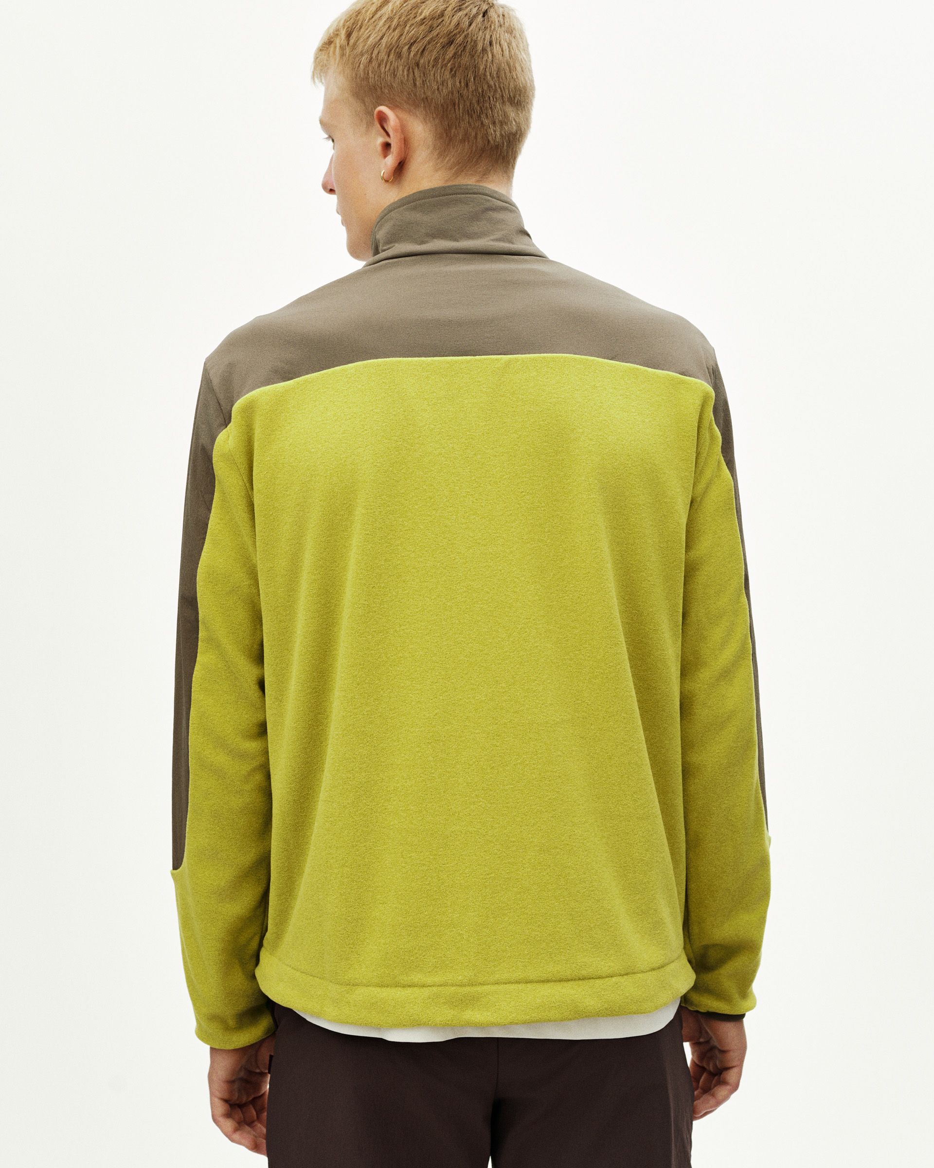 Green Off-Race Light Fleece half-zip fleece, rear view on model with olive contrast shoulders and sleeves