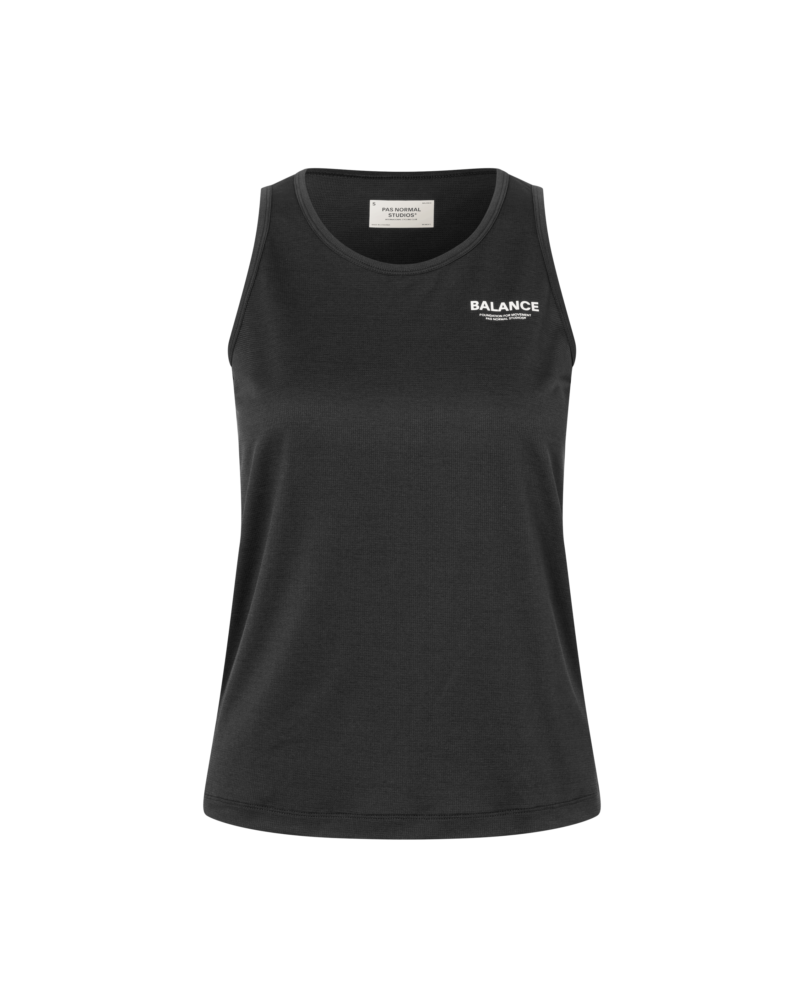 Black Balance singlet, front view with white chest print