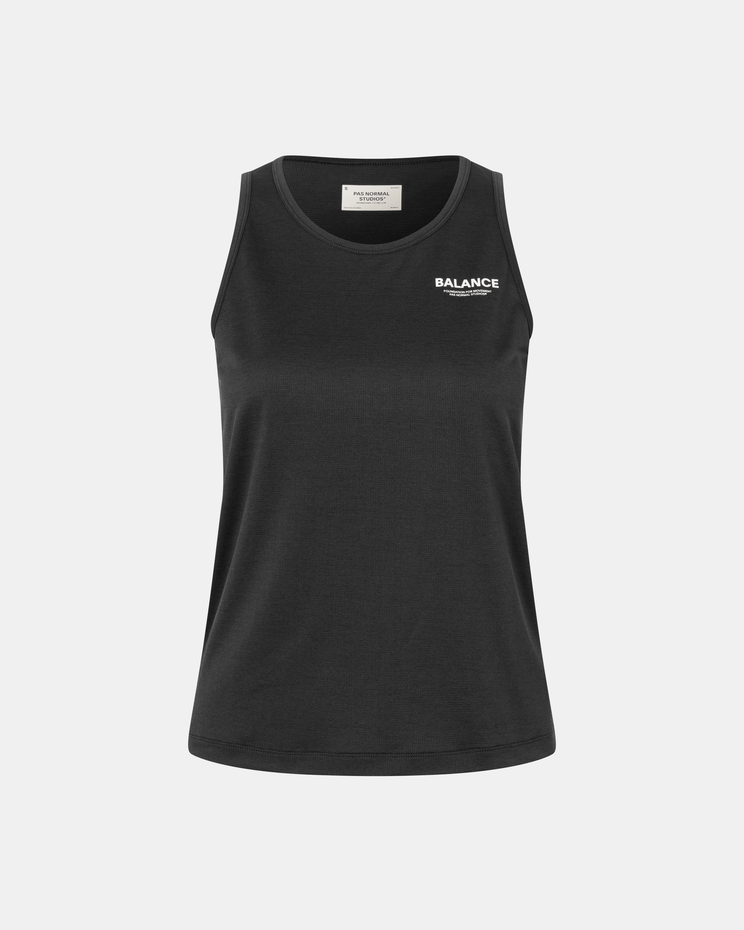Black Balance singlet, front view with white chest print