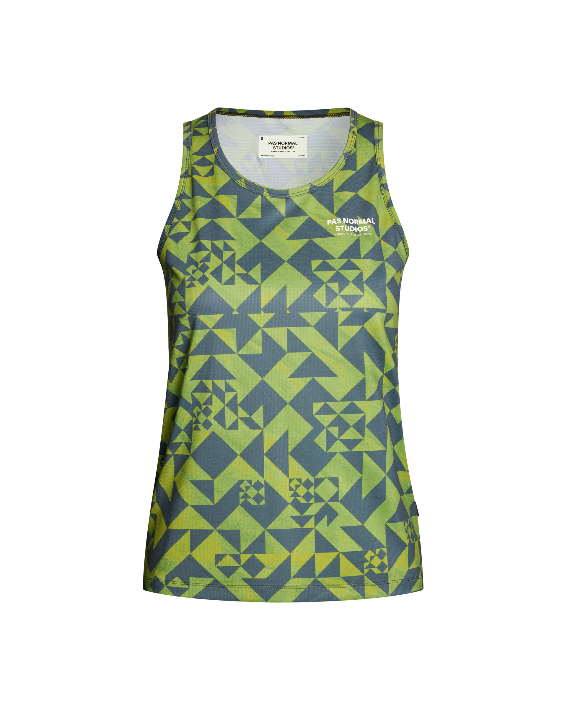Green Balance singlet, front flat lay with geometric origami print