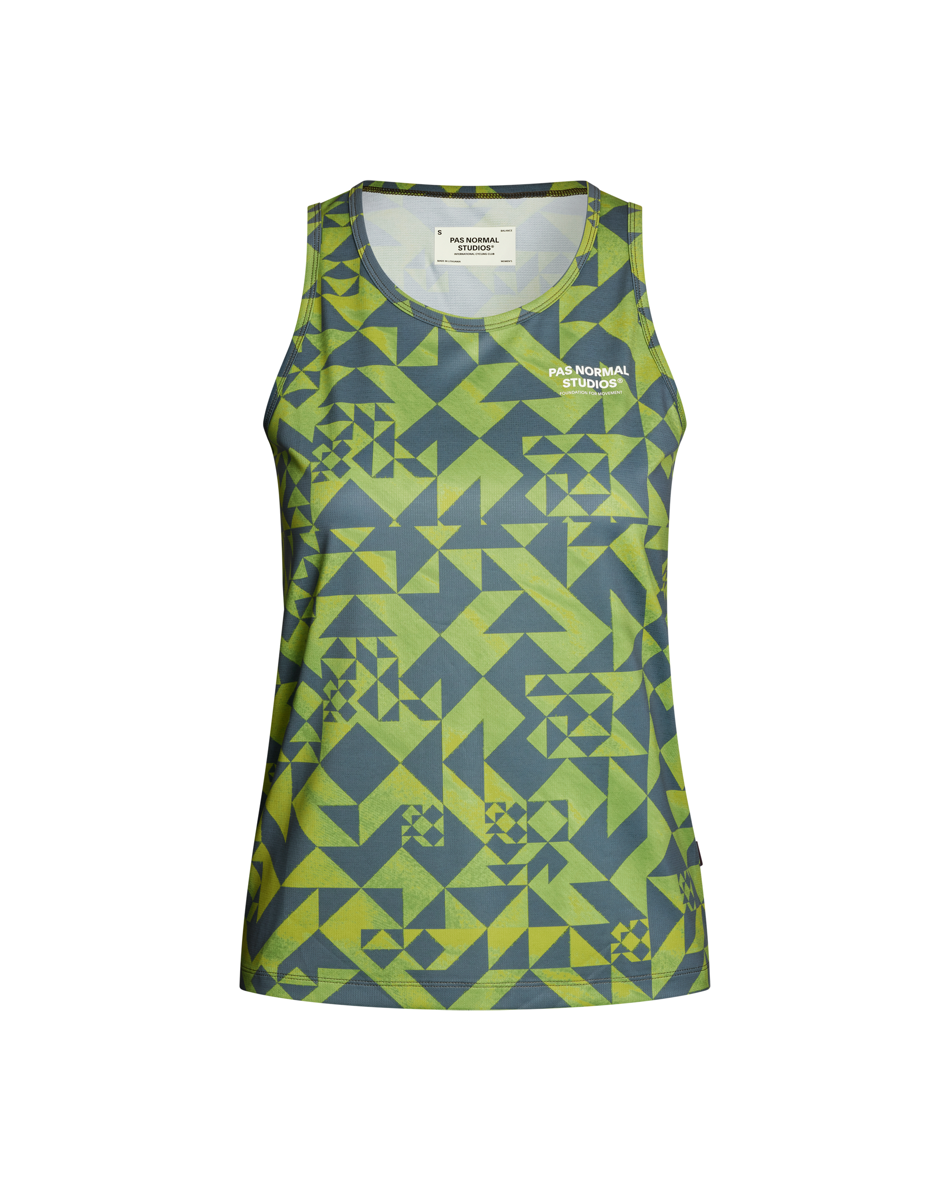 Green Balance singlet, front flat lay with geometric origami print