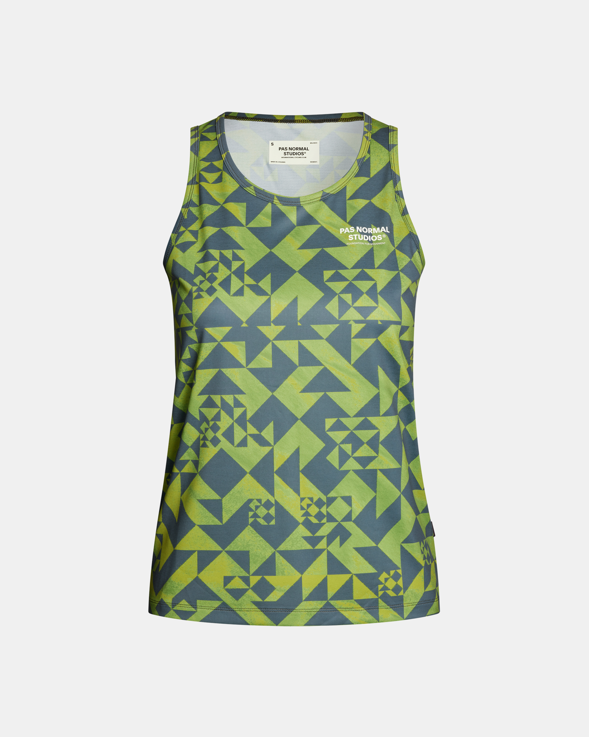 Green Balance singlet, front flat lay with geometric origami print