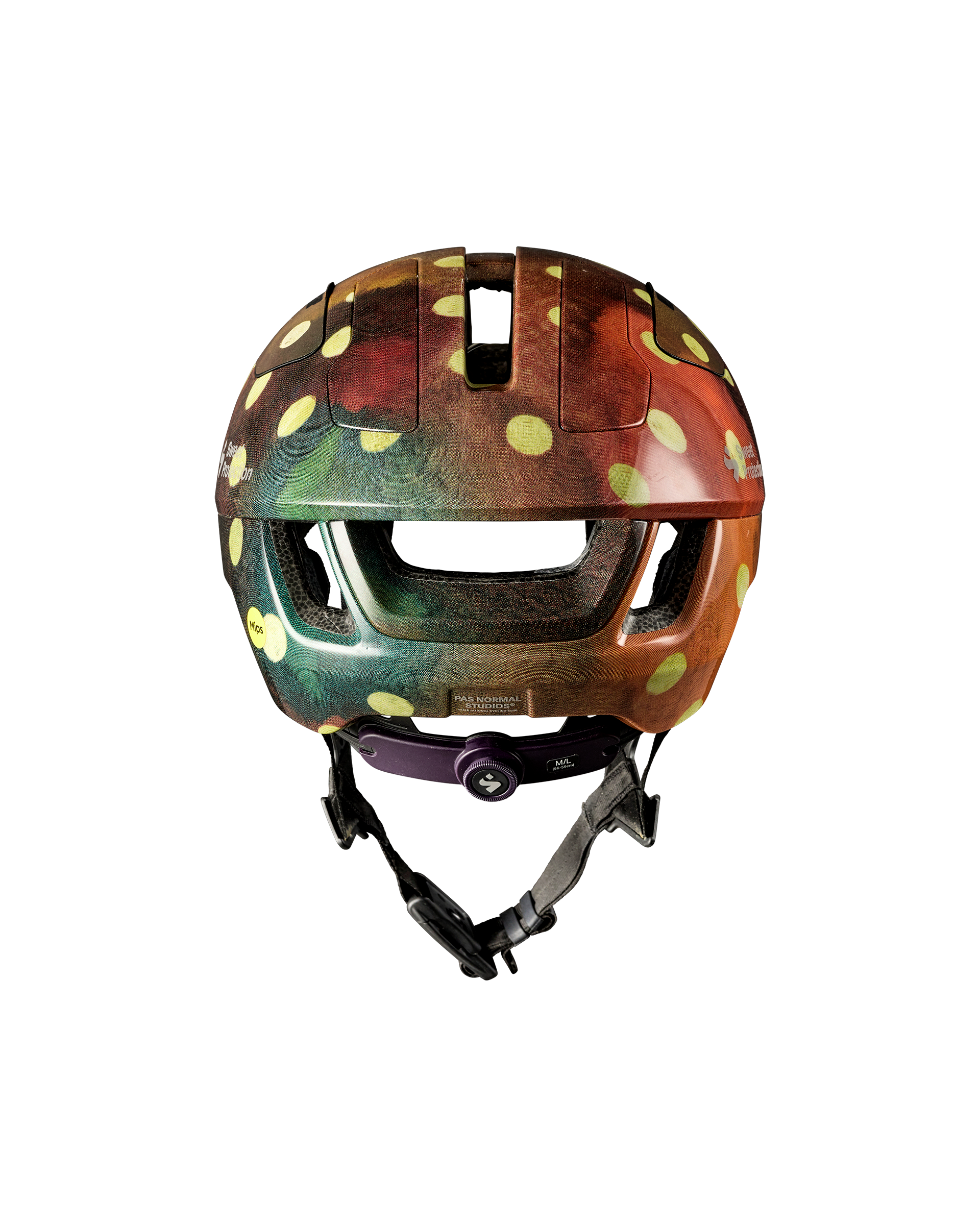 Brown T.K.O. Falconer Aero 2Vi cycling helmet, front view with yellow polka dot pattern