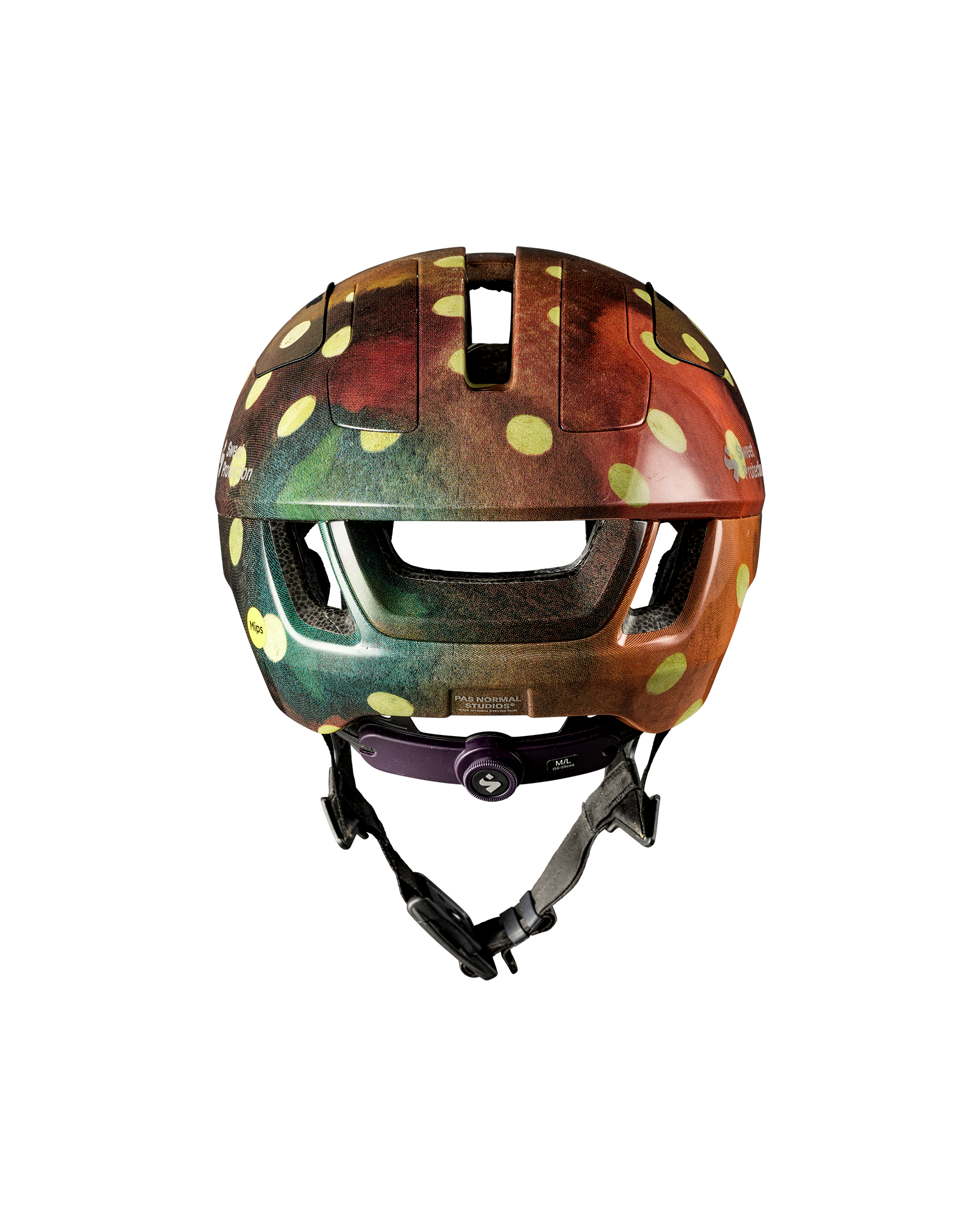 Brown T.K.O. Falconer Aero 2Vi cycling helmet, front view with yellow polka dot pattern