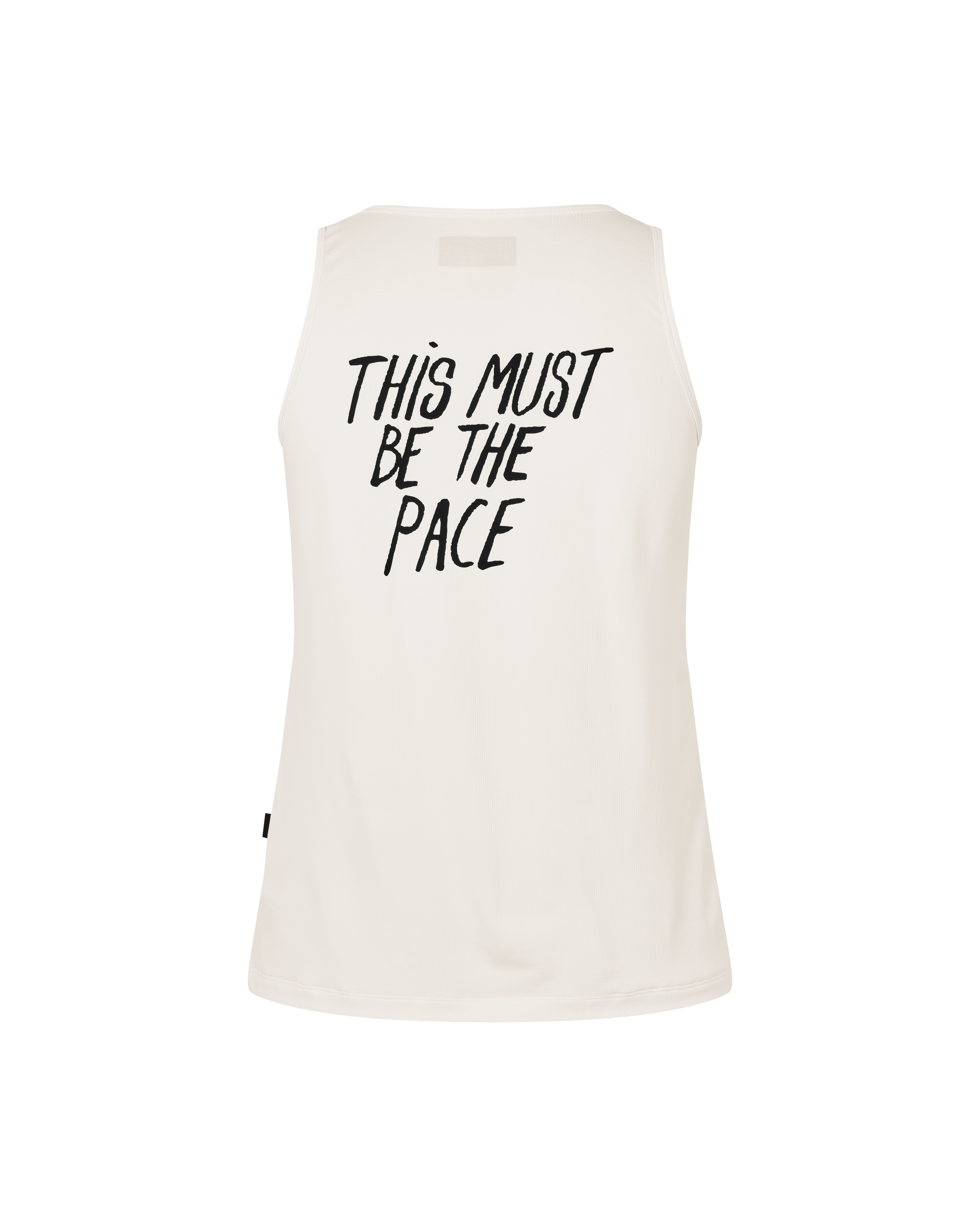 Off White Balance singlet front flat lay with black text print
