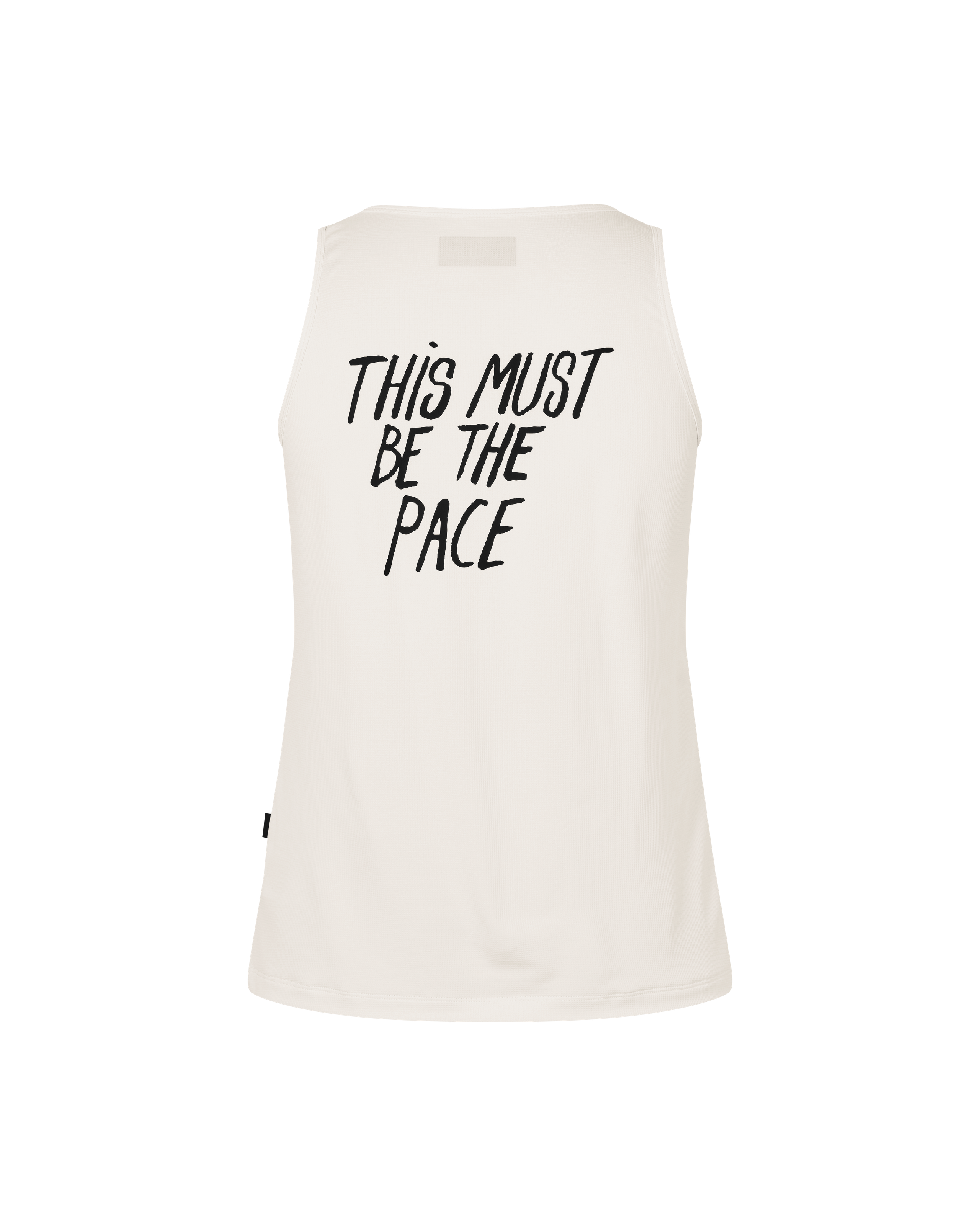 Off White Balance singlet front flat lay with black text print