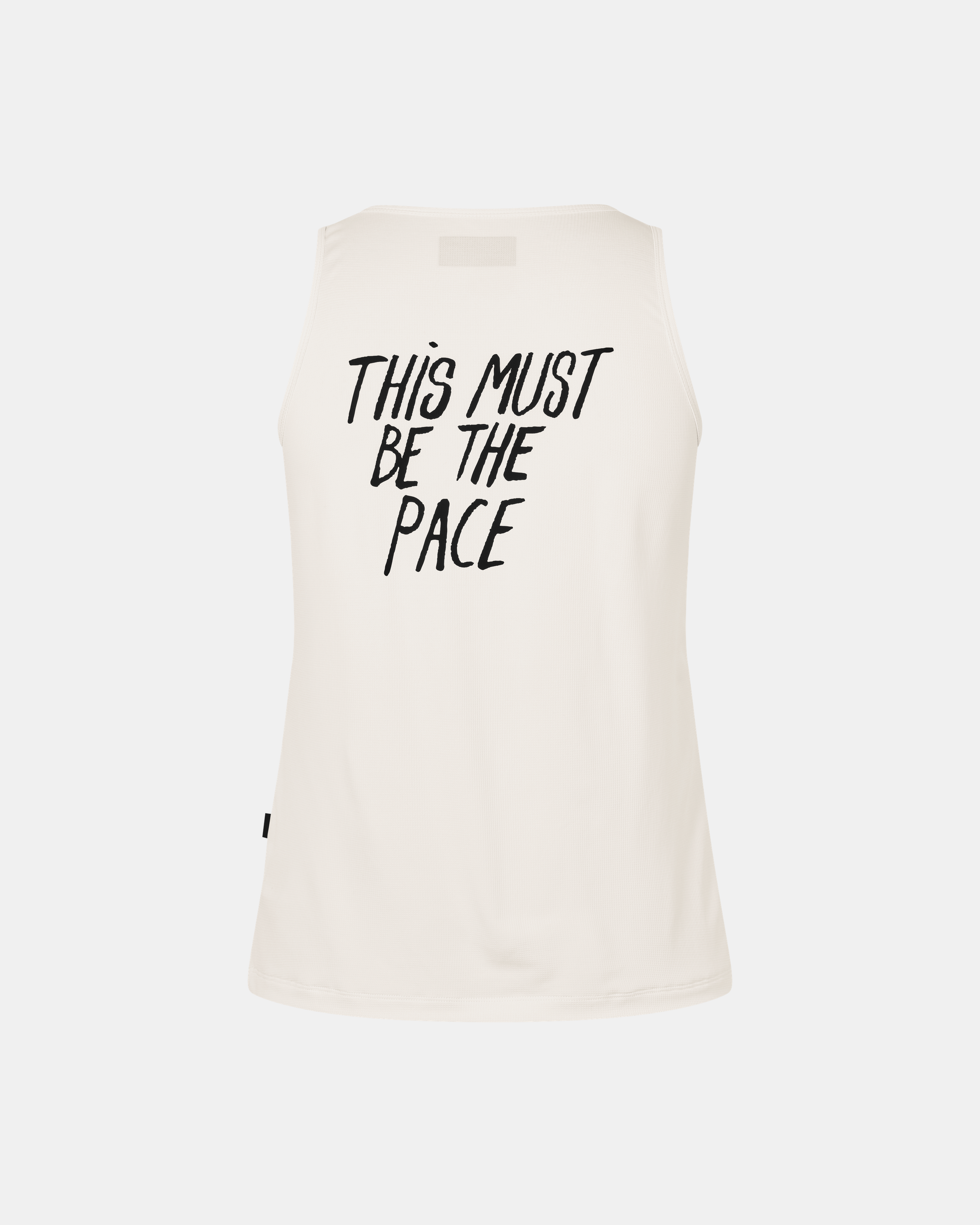 Off White Balance singlet front flat lay with black text print