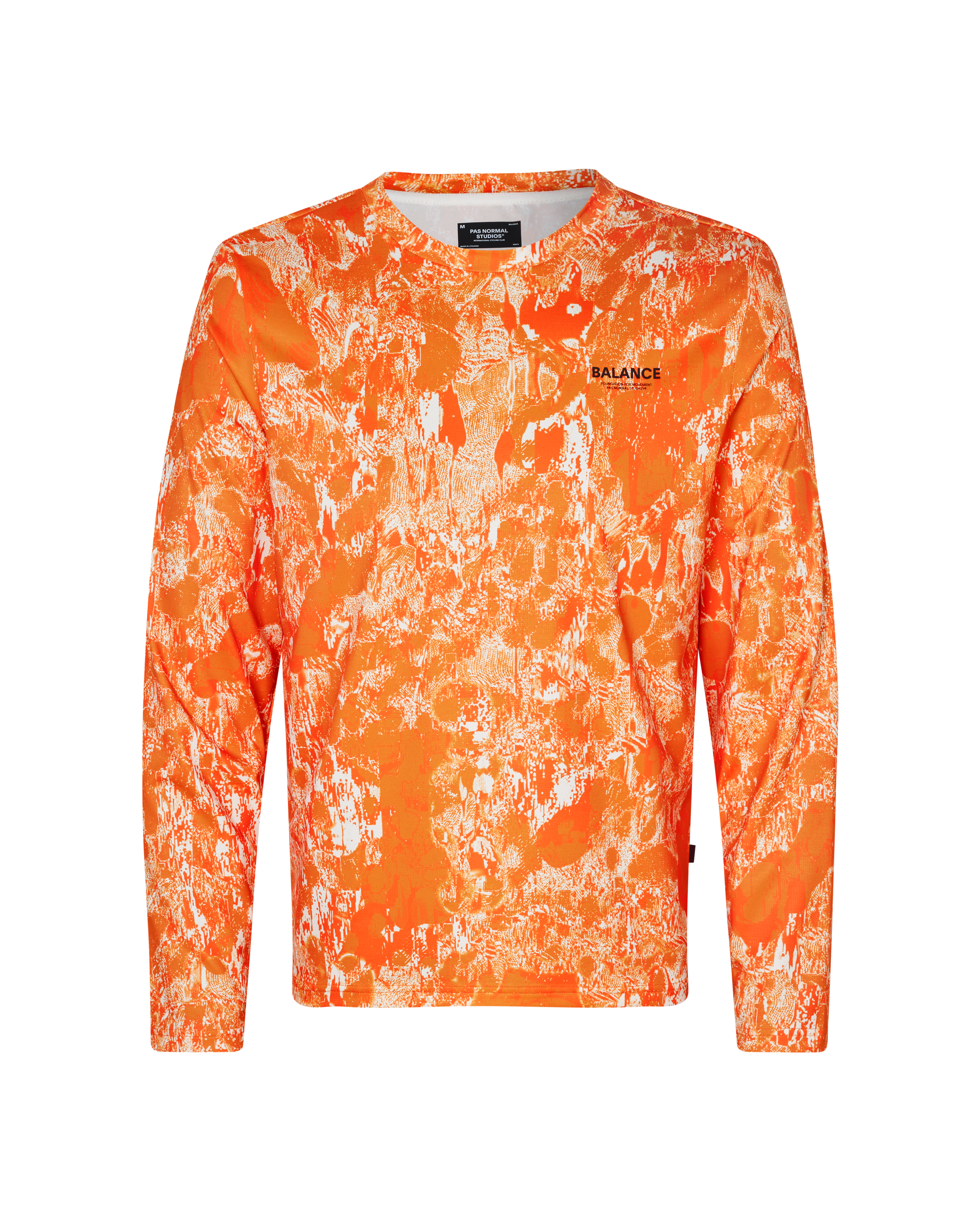 Orange Balance long sleeve t-shirt, front view with white abstract print pattern