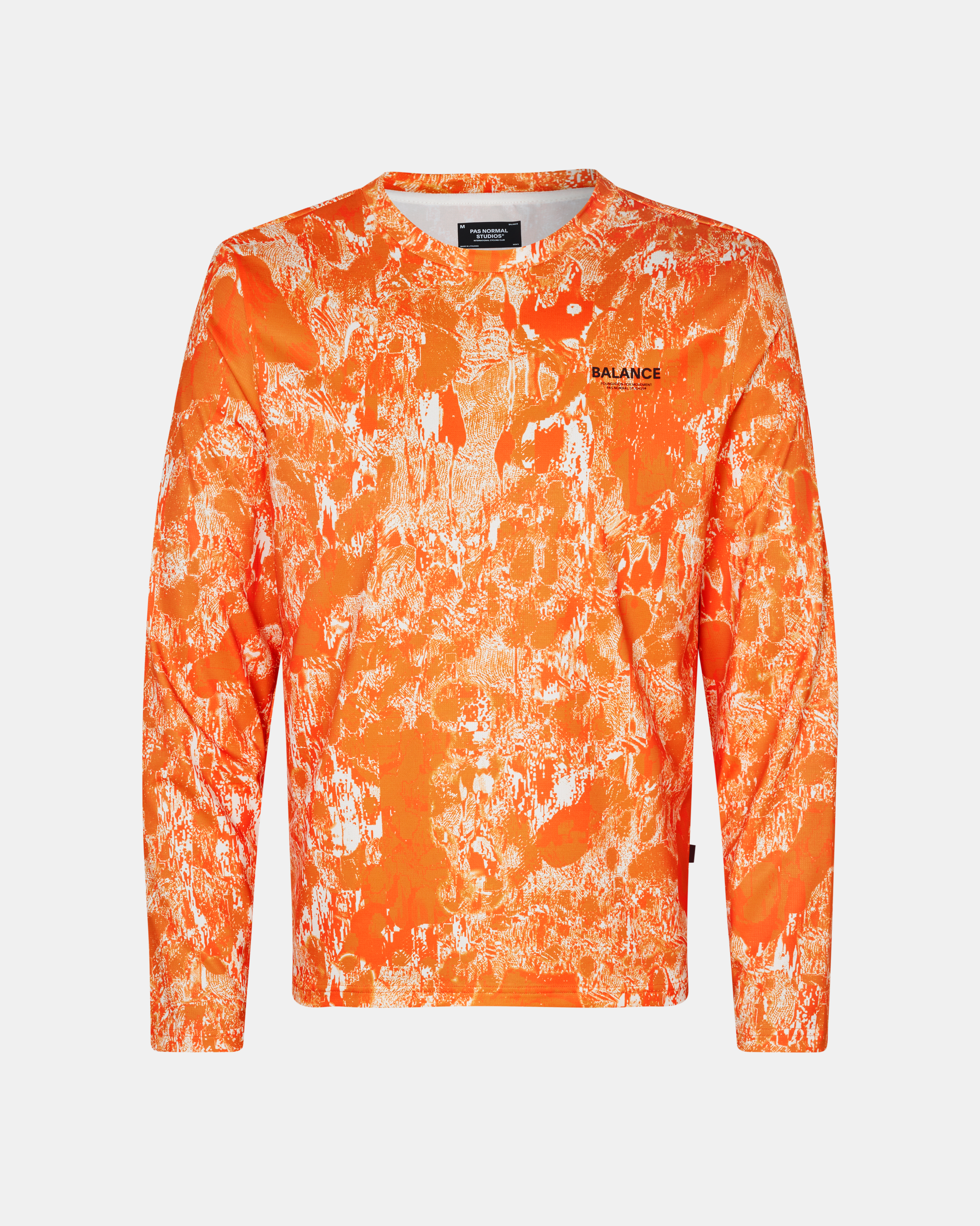 Orange Balance long sleeve t-shirt, front view with white abstract print pattern