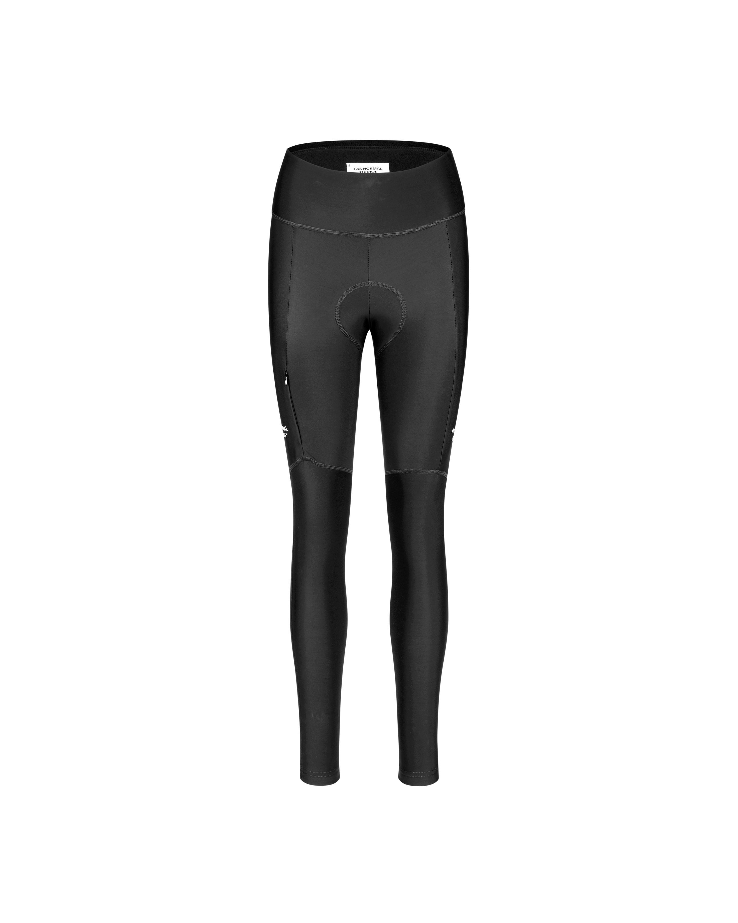 Black Essential cycling tights, front flat lay with high waistband and knee panels