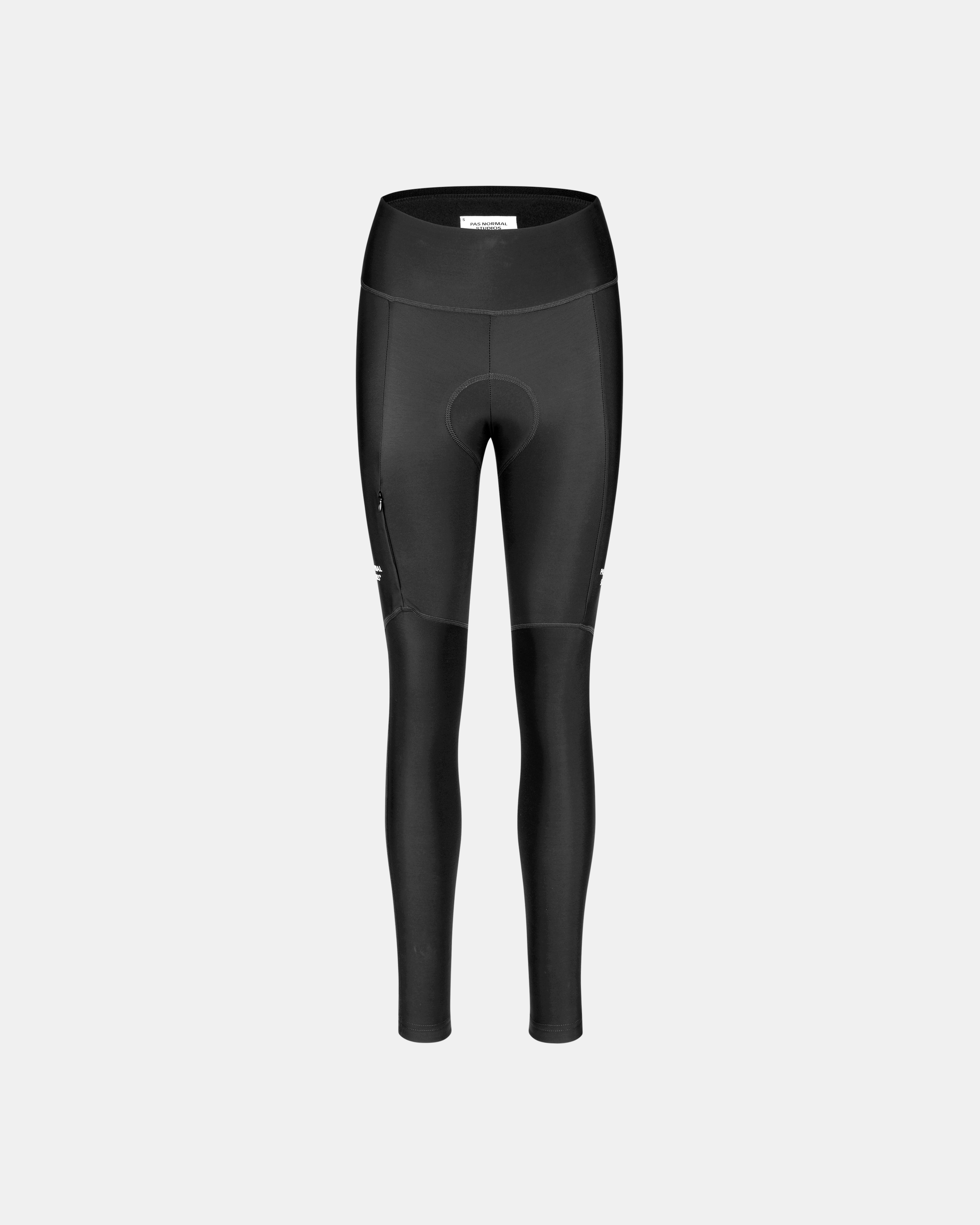 Black Essential cycling tights, front flat lay with high waistband and knee panels