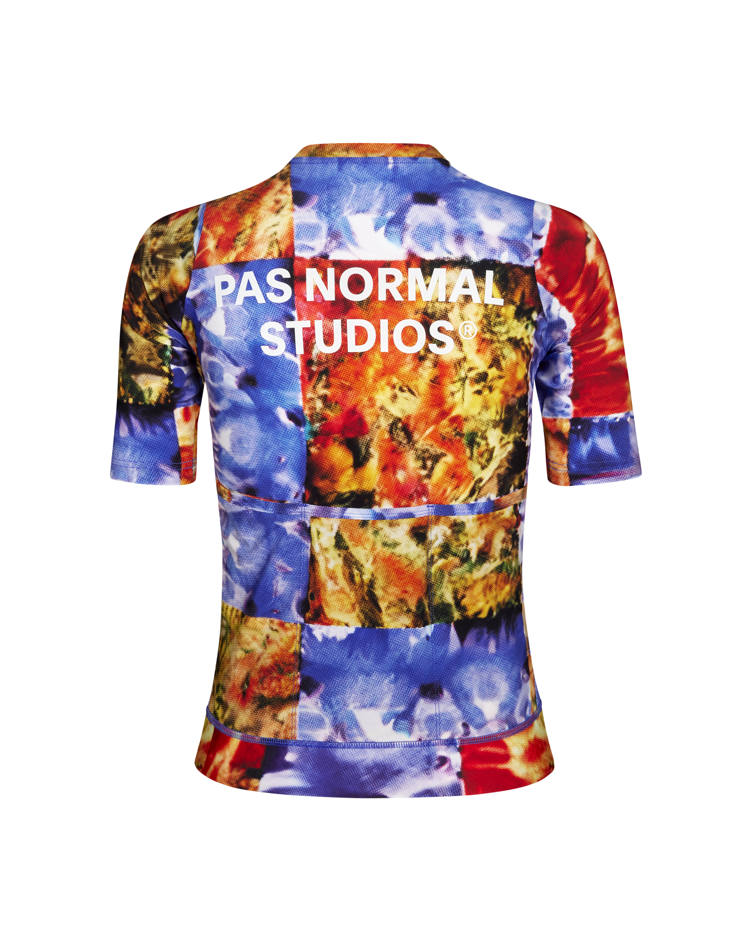 Multi Essential cycling jersey, rear view with kaleidoscope print pattern