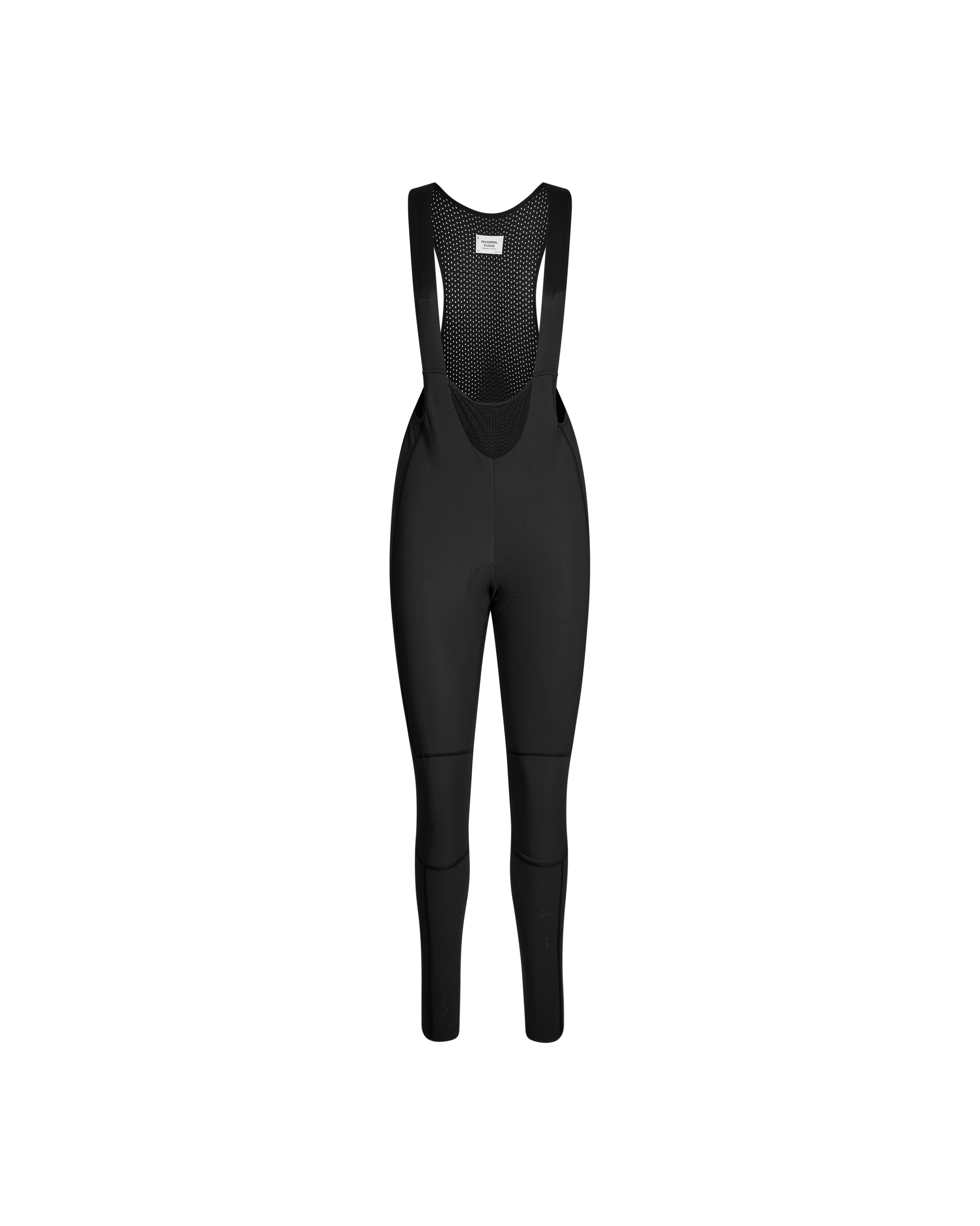 Black Mechanism Deep Winter Long cycling bibs, front flat lay with mesh bib panel