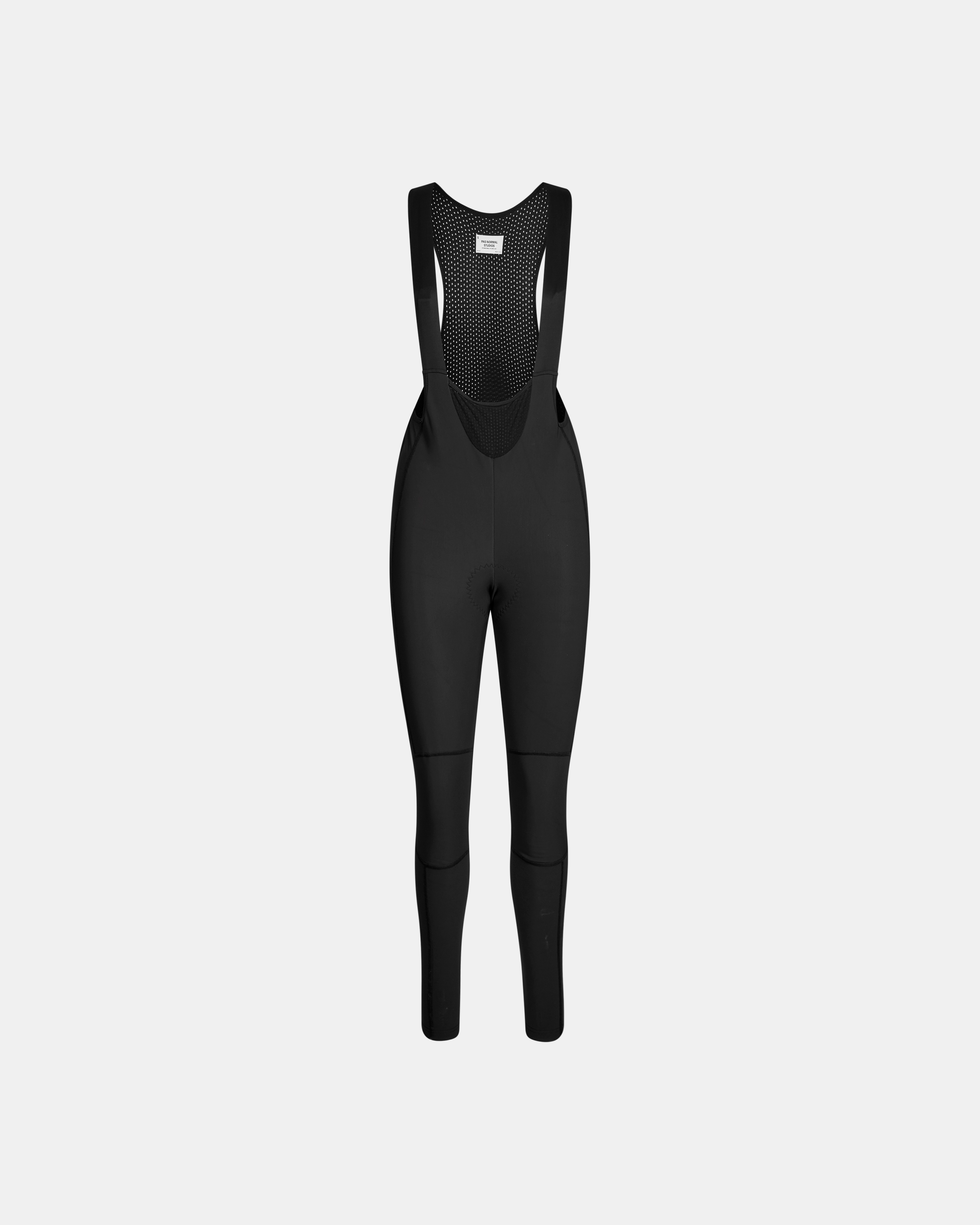 Black Mechanism Deep Winter Long cycling bibs, front flat lay with mesh bib panel