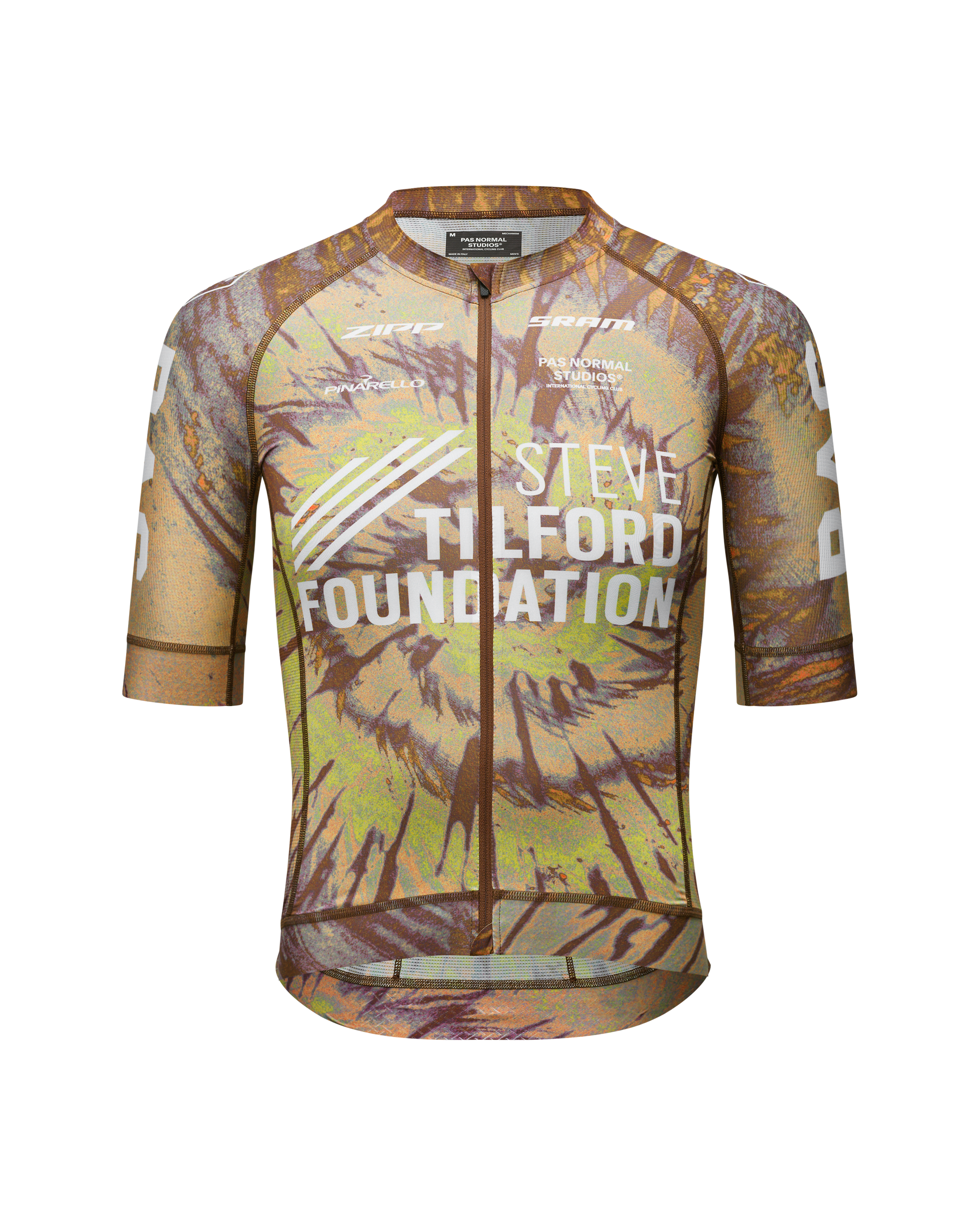 Beige STFR Mechanism cycling jersey, front view with abstract painted print and white foundation text