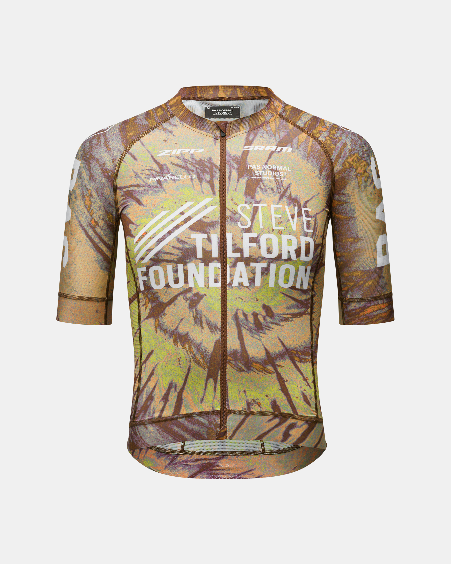 Beige STFR Mechanism cycling jersey, front view with abstract painted print and white foundation text