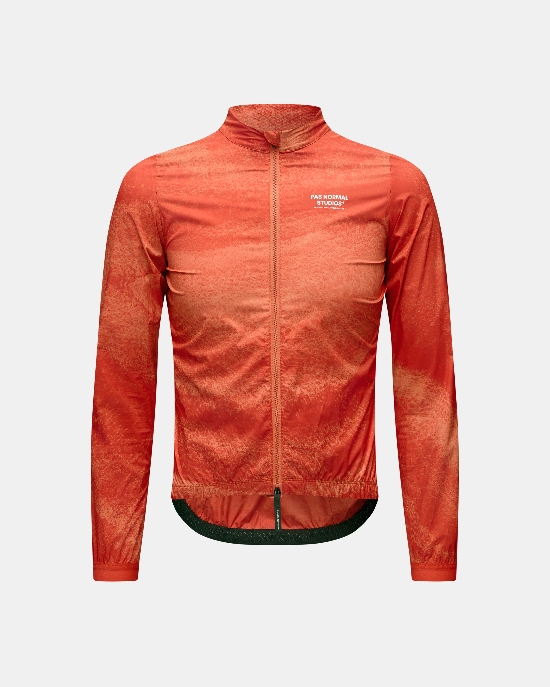 Orange Mechanism Stow Away cycling jacket, front view with full zip and chest logo
