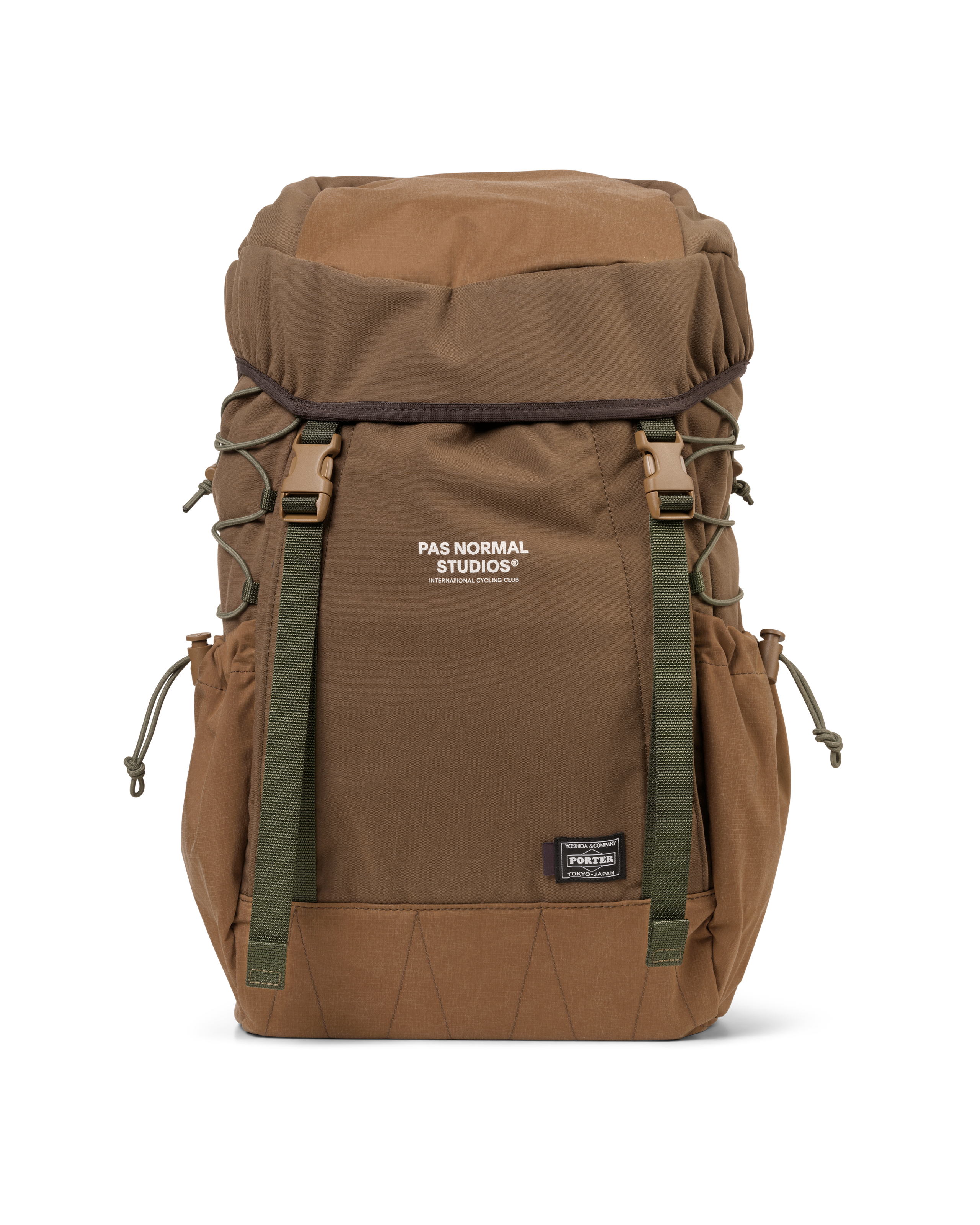 Light Brown Porter-Yoshida backpack, front view with green webbing straps and buckles