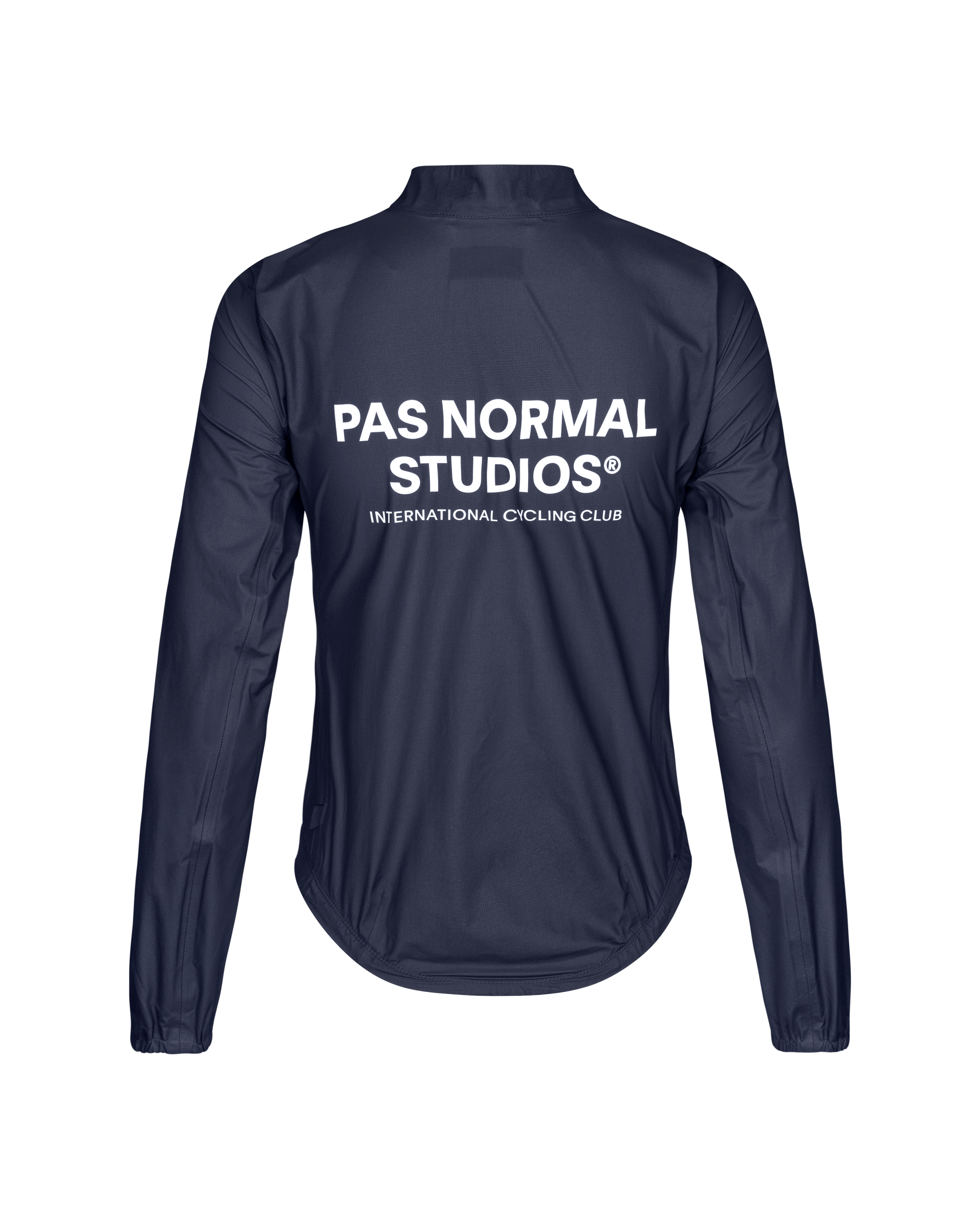 Navy Mechanism Pertex Rain cycling jacket, rear view with white brand logo print