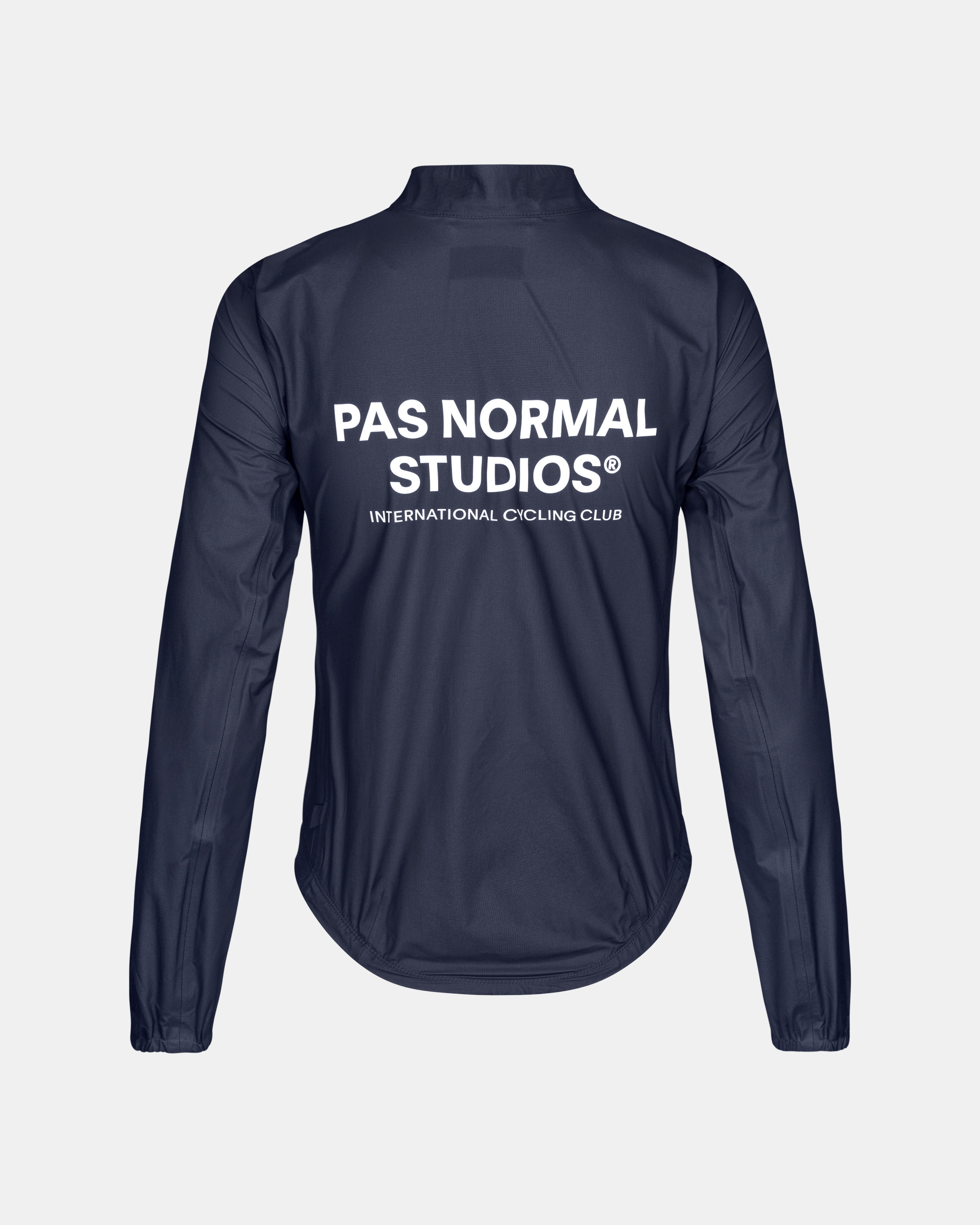 Navy Mechanism Pertex Rain cycling jacket, rear view with white brand logo print