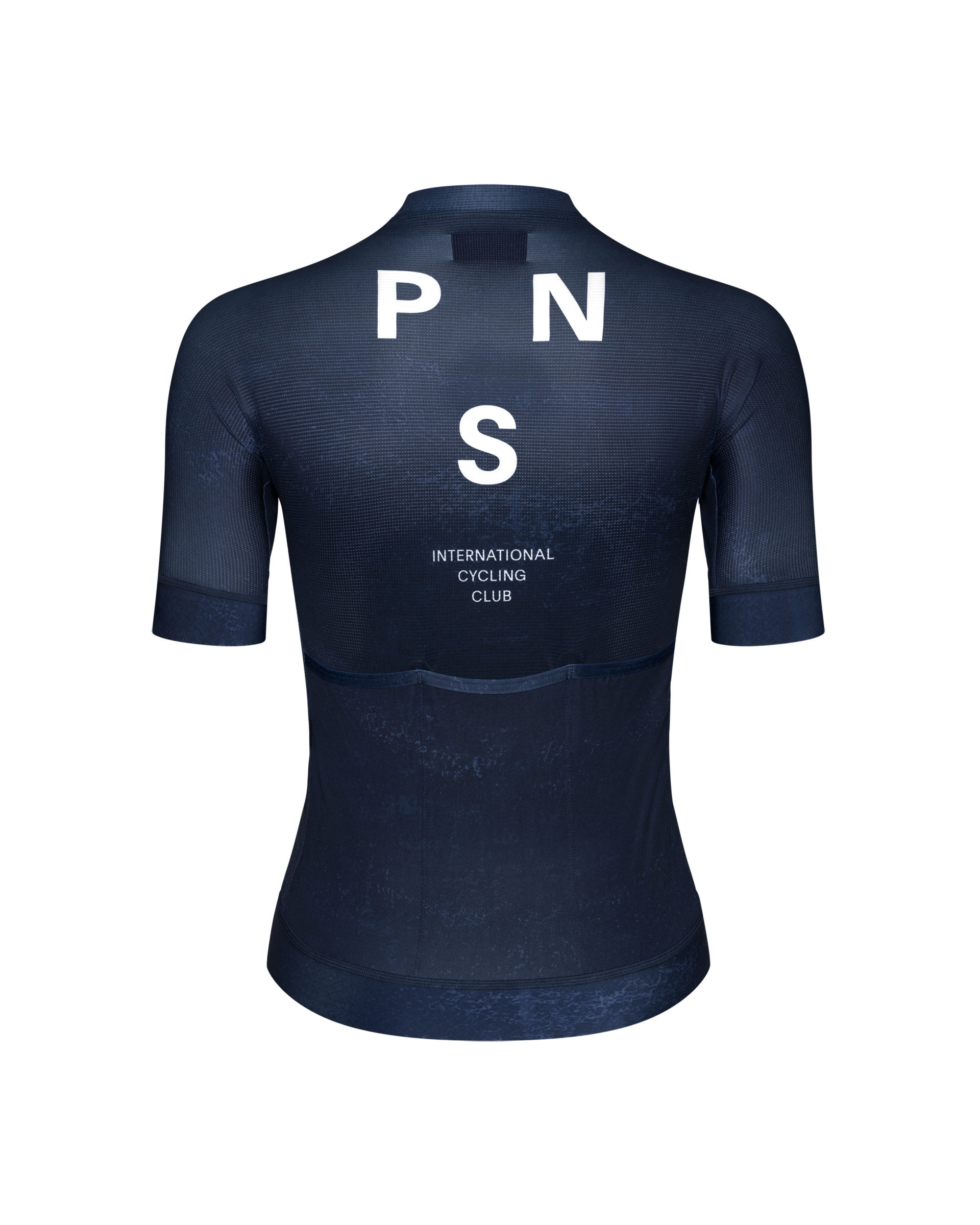 Indigo Mechanism cycling jersey, rear view with white PNS text and International Cycling Club print
