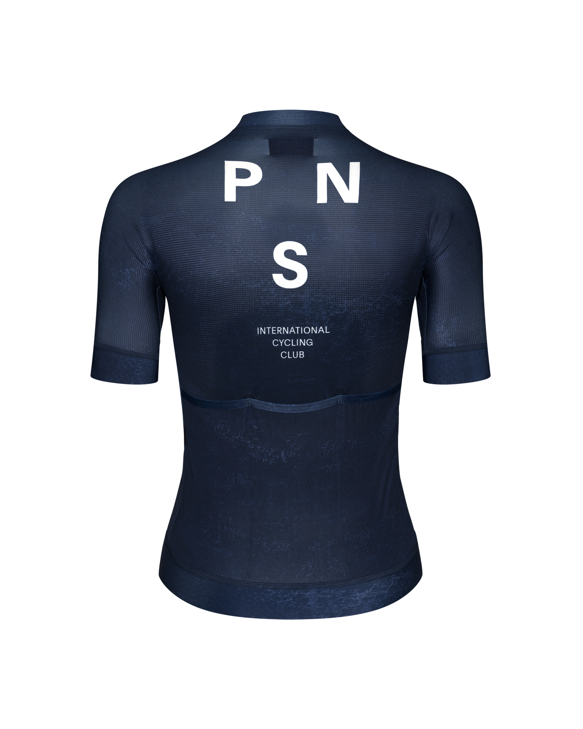 Indigo Mechanism cycling jersey, rear view with white PNS text and International Cycling Club print