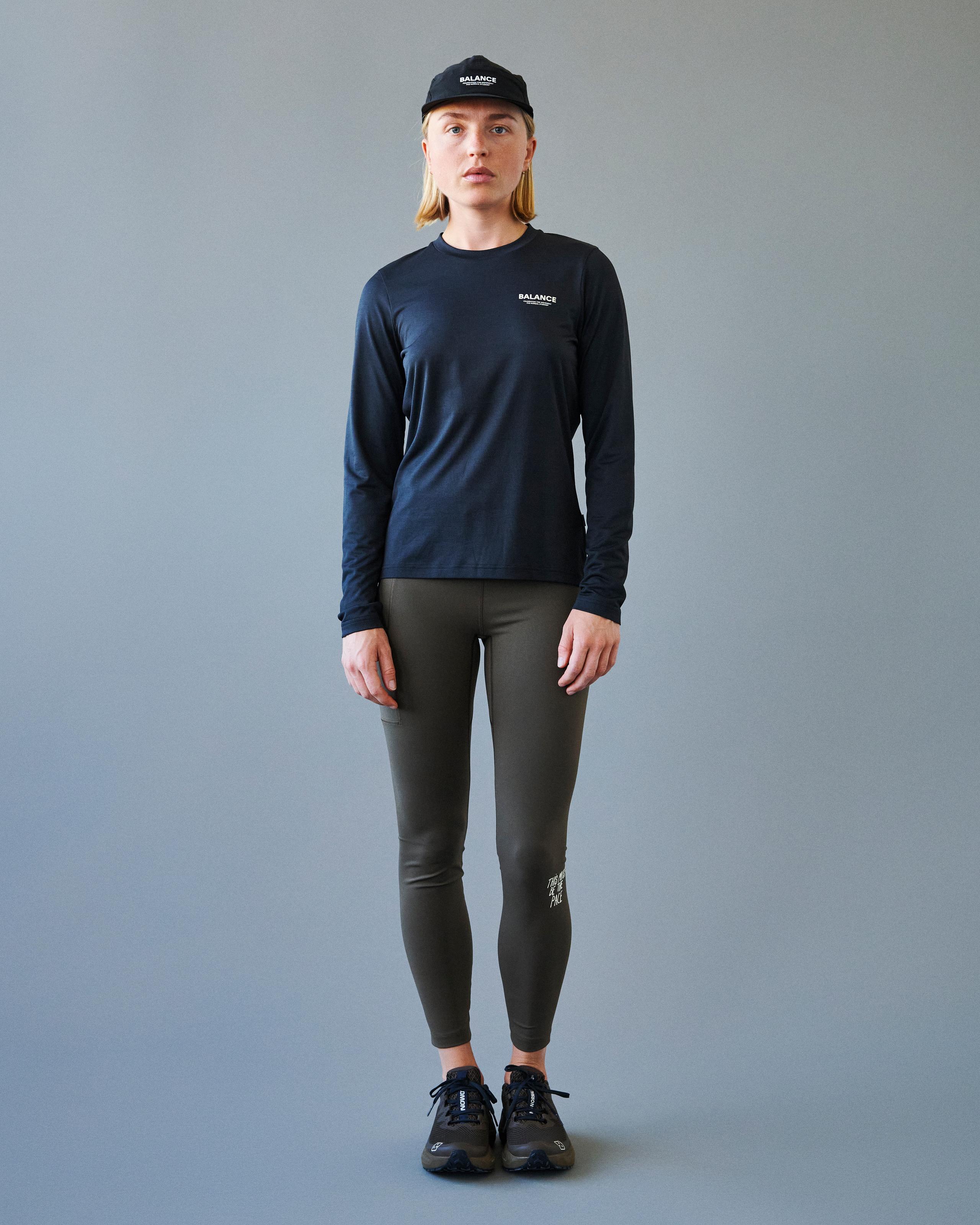 Black Balance long sleeve t-shirt on model with white chest logo