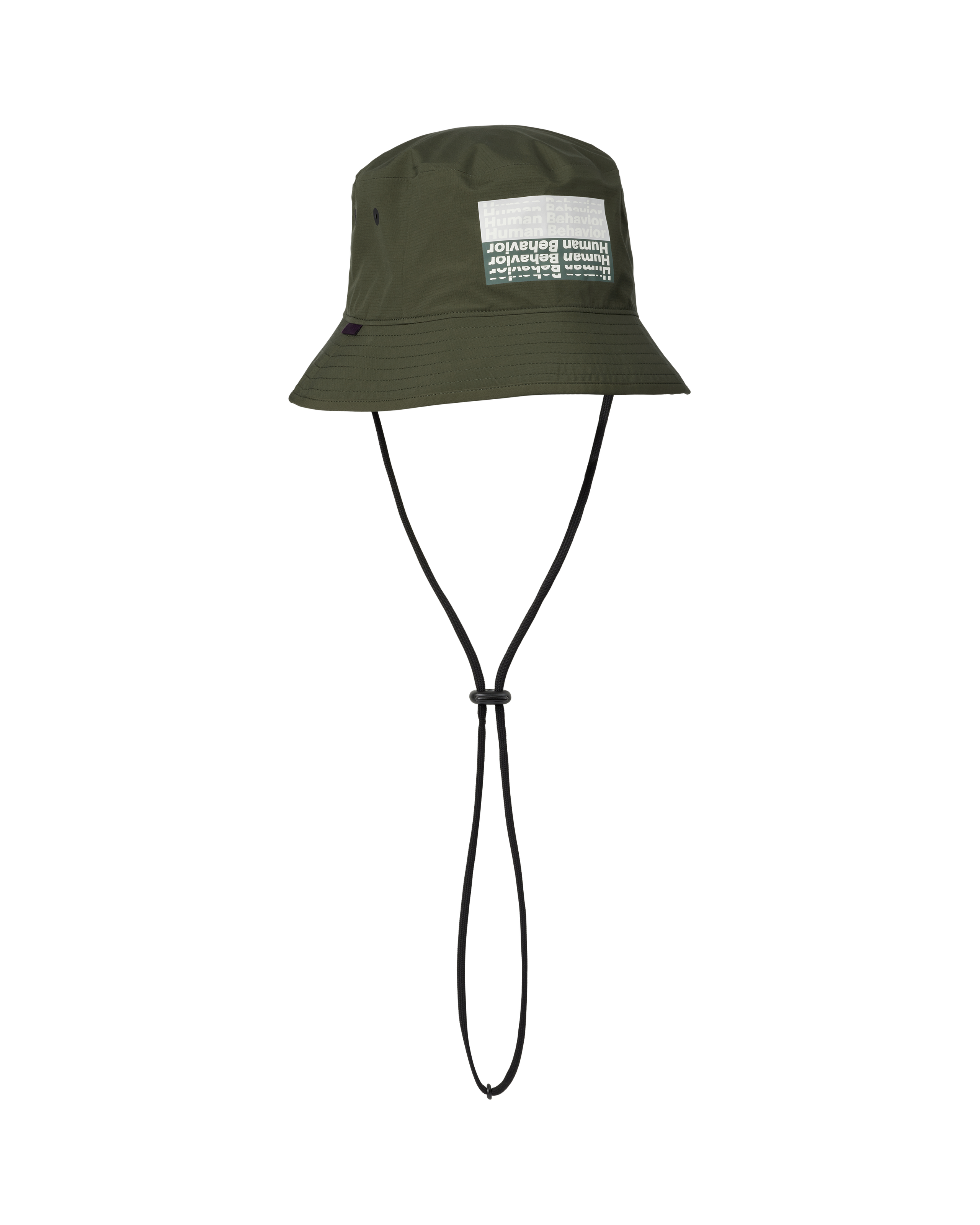 Olive T.K.O. Off-Race Shield bucket hat, three-quarter view with graphic front patch and chin cord